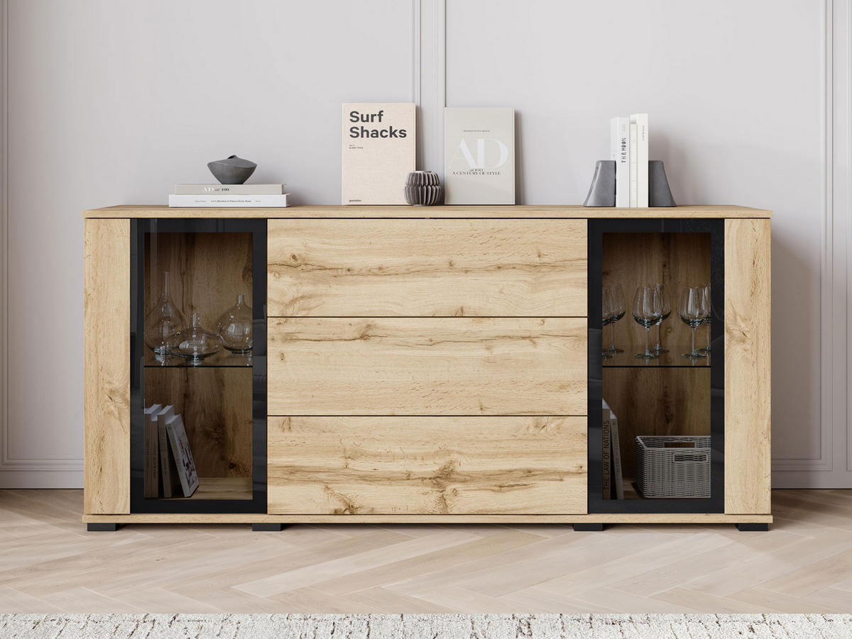 SIDEBOARD Caro SB 150 2D3S - Eiche Wotan/Schwarz, Holzwerkstoff/Kunststoff (150/70/40cm) - MIRJAN24