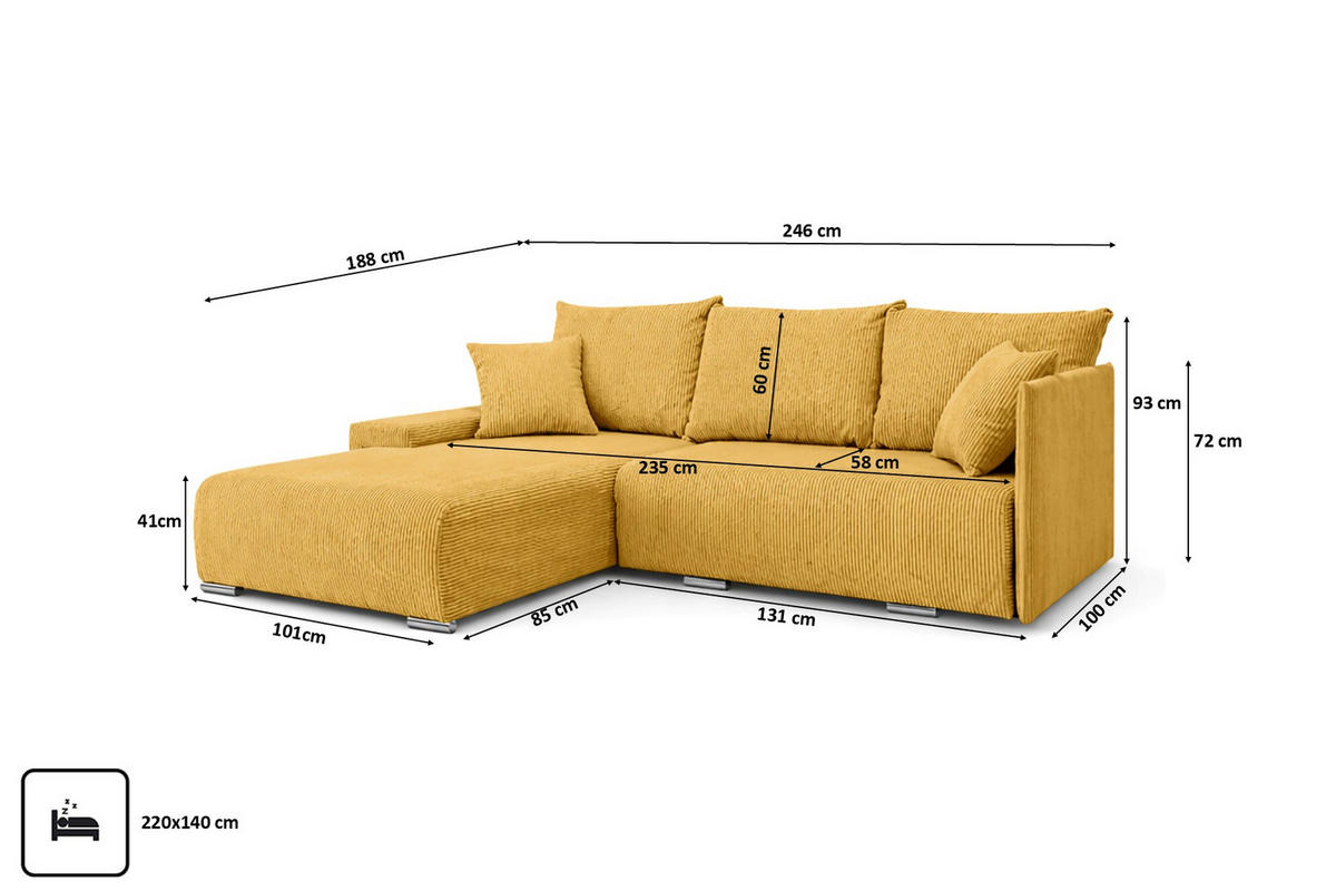 ECKSOFA L-Form Schlaffunktion Livorno Cord-Stoff Gelb Links - Chromfarben/Gelb, Holz/Kunststoff (246/188cm) - Kaiser Möbel