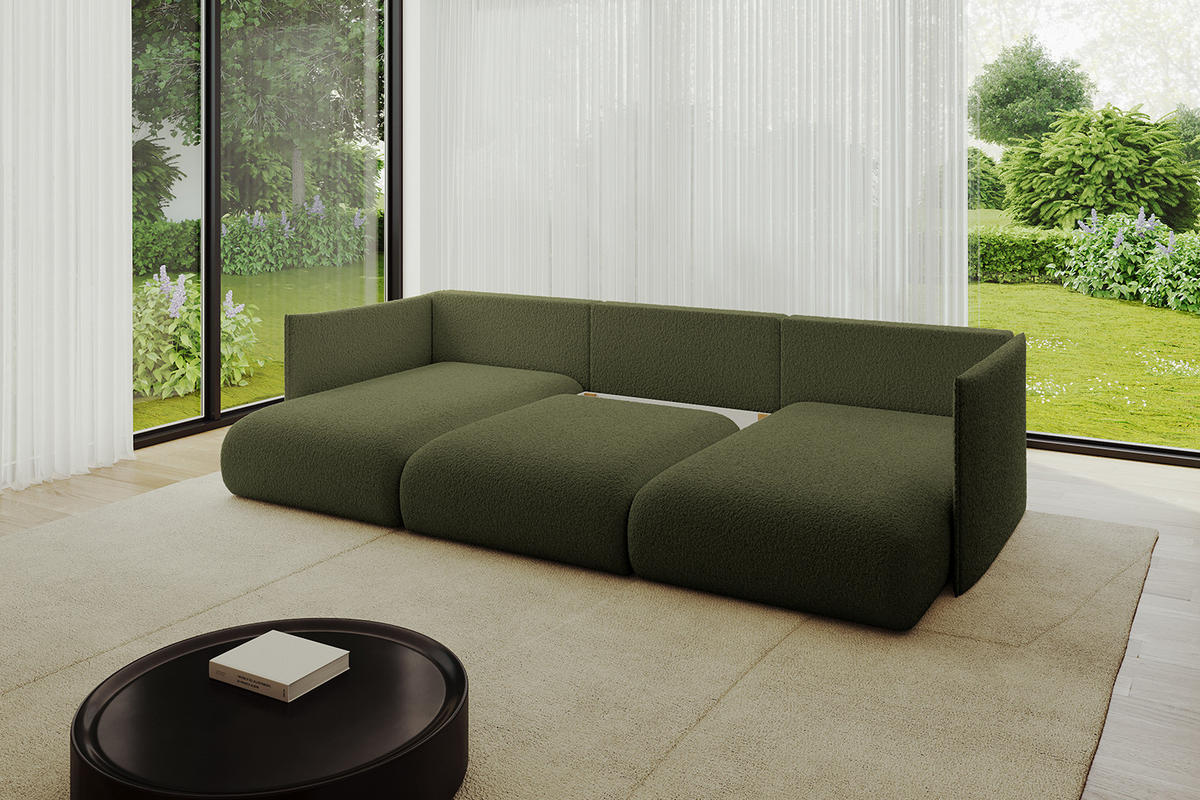 WOHNLANDSCHAFT mit Schlaffunktion und Bettkasten ONESK-U 304x165x40 Grün Bouclé - Grün, Holzwerkstoff/Kunststoff (304/90/165cm) - ALTDECOR