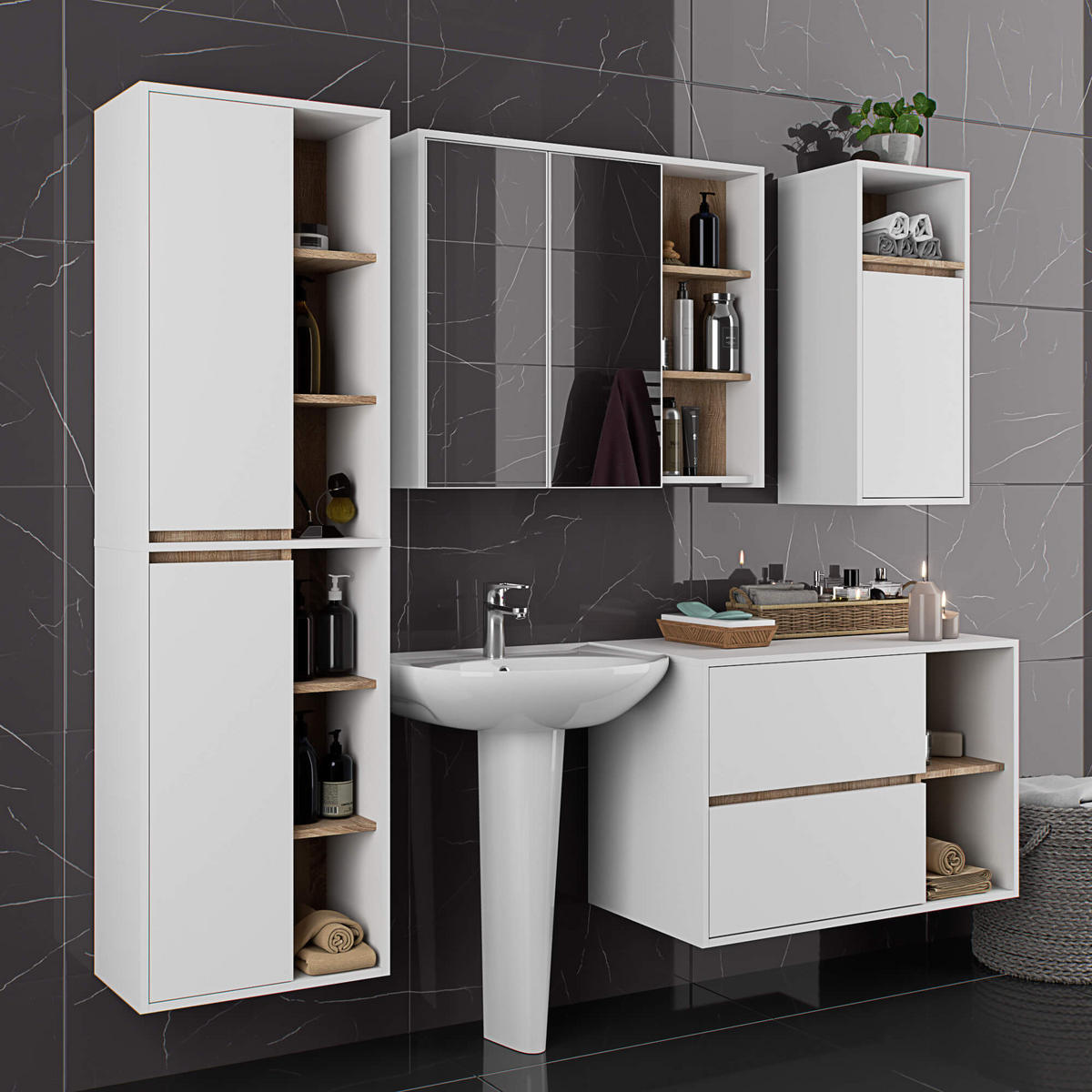 BAD HOCHSCHRANK Vami Weiß, Sonoma Eiche - Weiß/Sonoma Eiche, Holzwerkstoff (50/170/30cm) - Akord