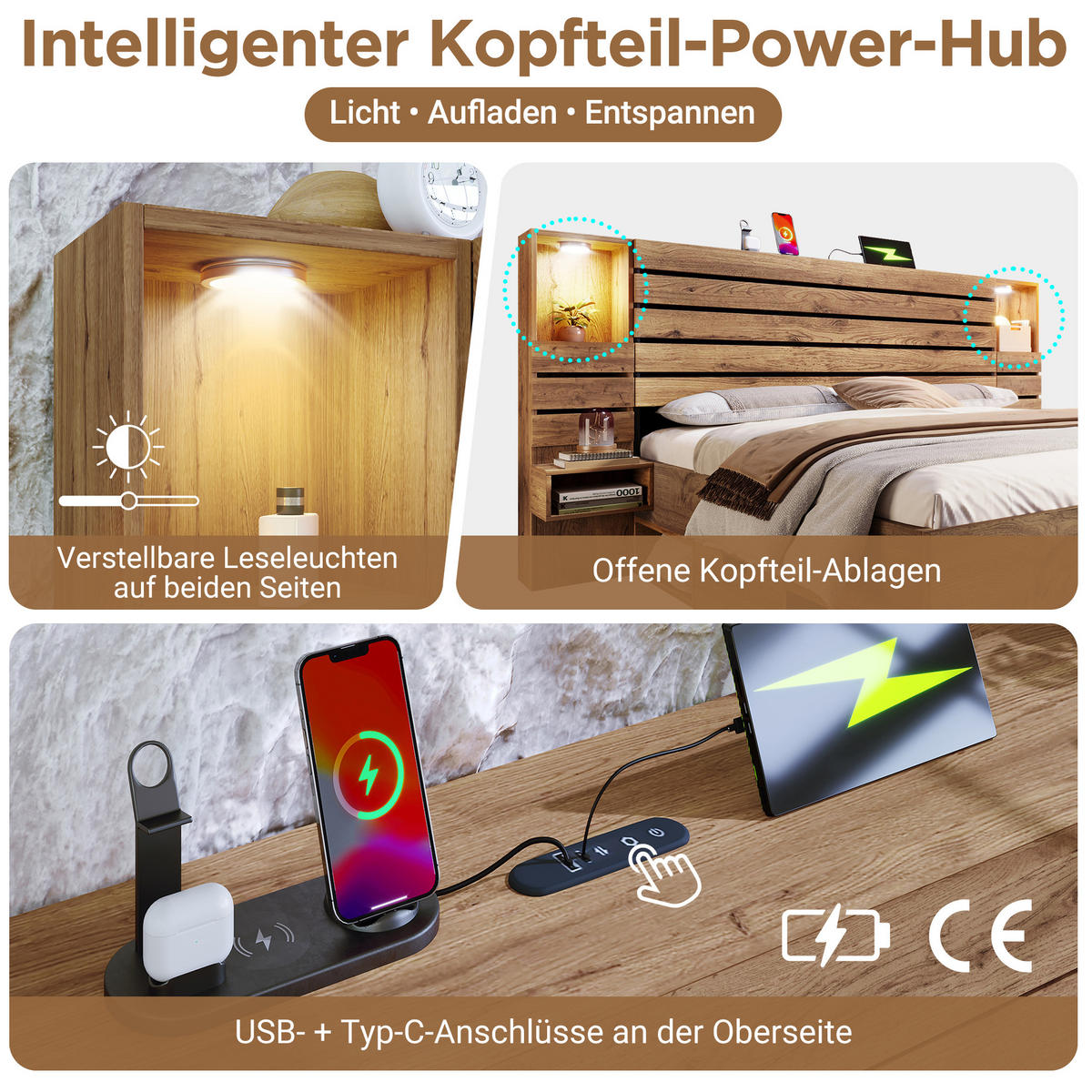 DOPPELBETT aus Holz 160x200 cm Eiche mit LED-Downlights, USB- und Type-C-Anschluss, Stauraum und Matratze - Eichefarben, Holzwerkstoff (140/200cm) - Modfu