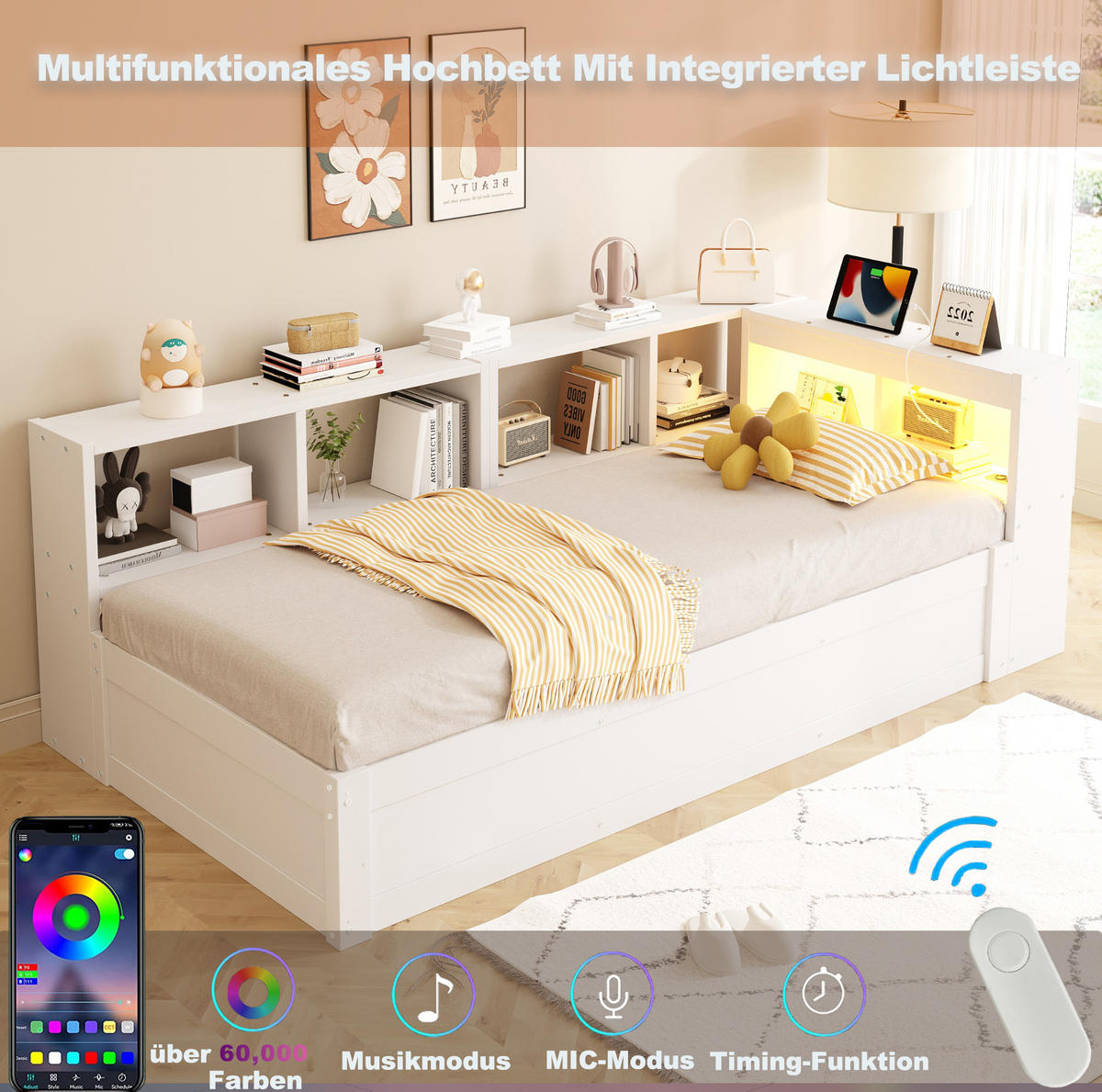MULTIFUNKTIONSBETT aus Kiefernholz 90x200 cm Weiß mit LED-Beleuchtung, Steckdose und Stauraum - Weiß, Holzwerkstoff (90/200cm) - IVMEU