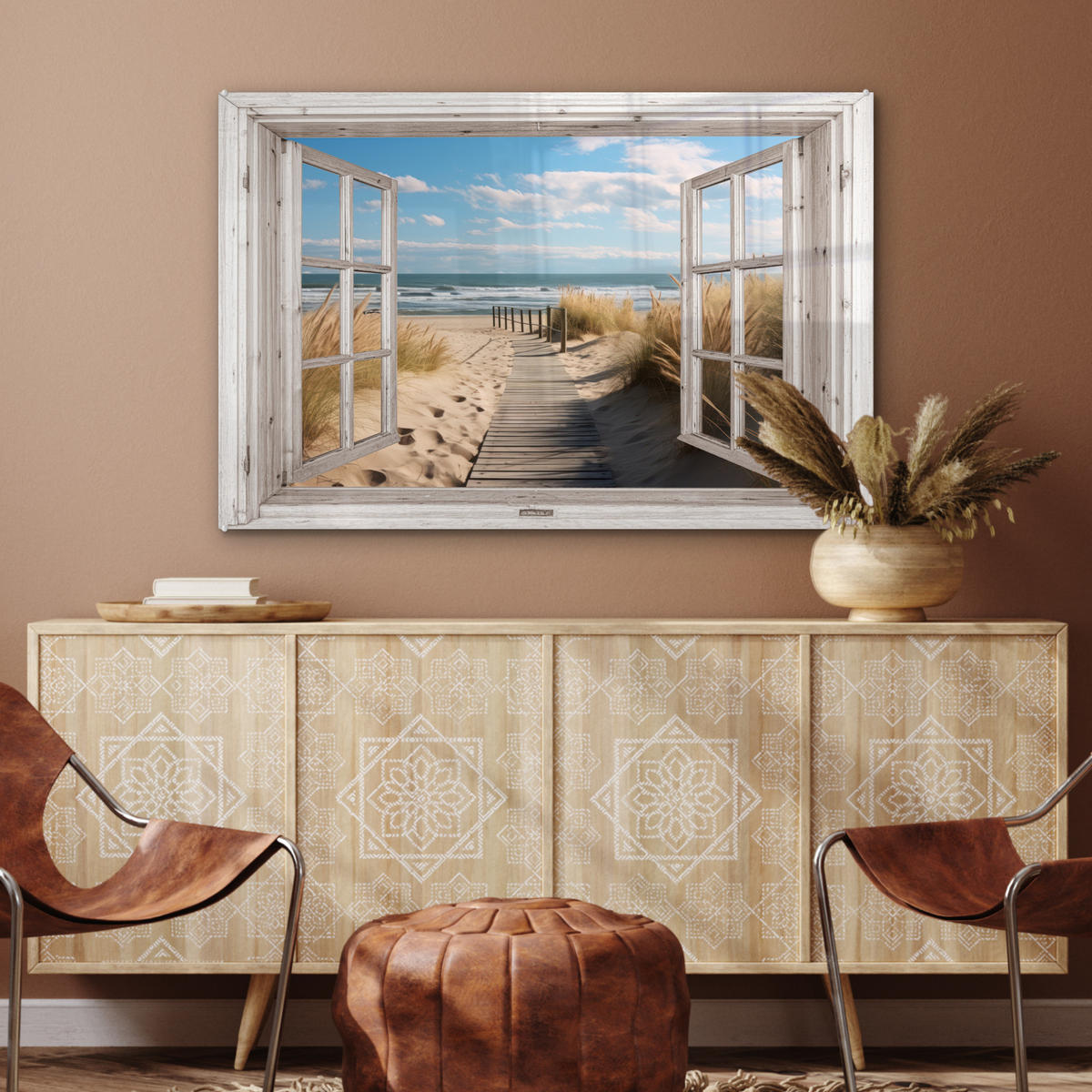 ACRYLGLASBILD Fenster - Meer - Küste - Natur - Ausblick - Strand - Wattenmeer 120x80 cm - Beige, Glas (120/80cm) - MuchoWow