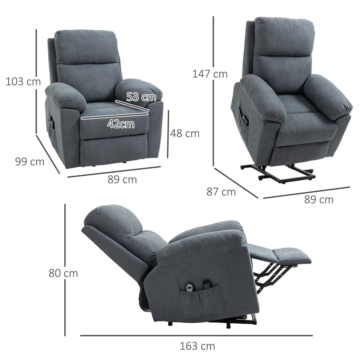 SESSEL mit Aufstehhilfe, Relaxsessel, Massagesessel mit Seitentasche, Leinen - Schwarz/Grau, Textil/Metall (99/103/89cm) - HOMCOM