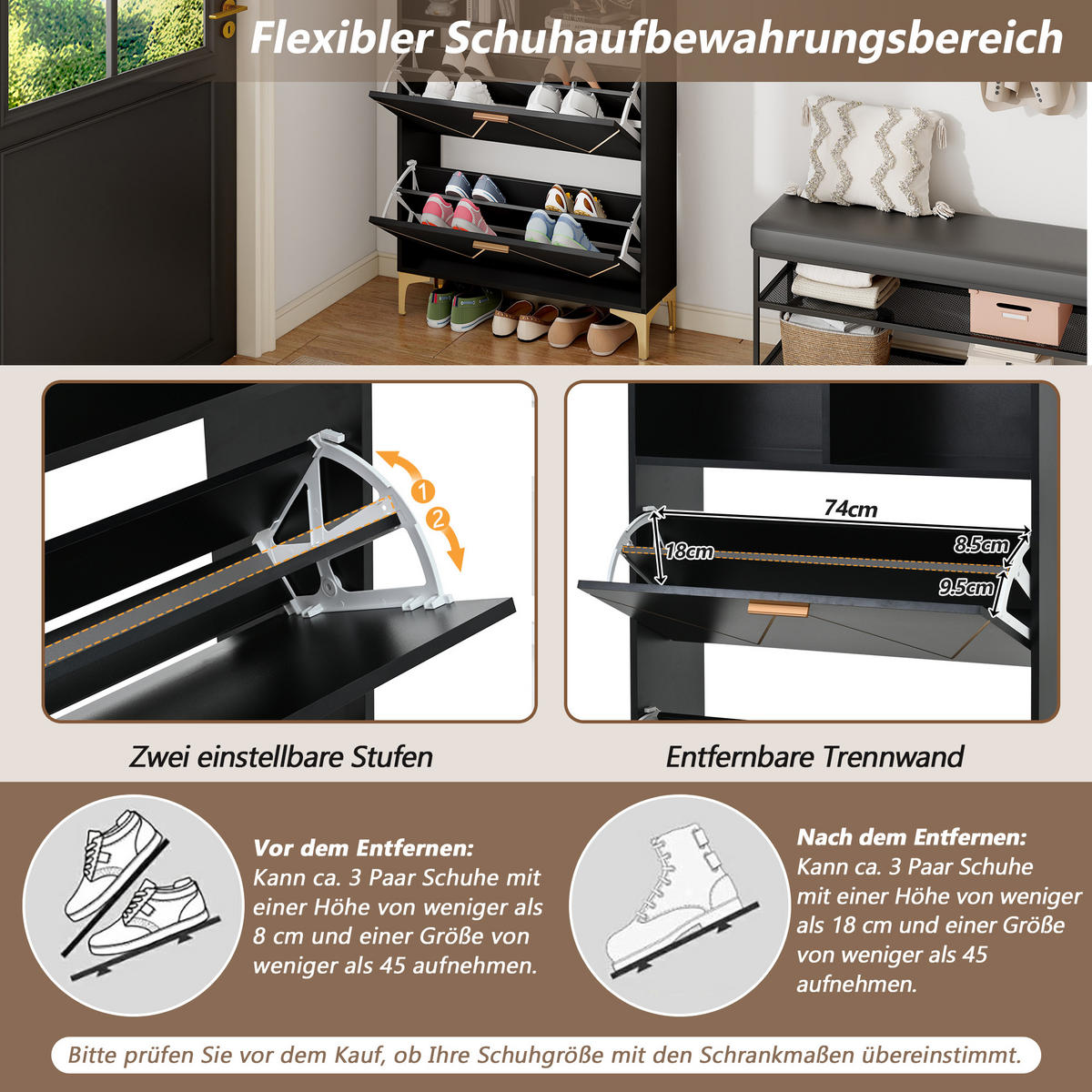 SCHUHSCHRANK 80x25x117cm 2 Klappen 4 Fächer MDF Metall modern - Schwarz, Holzwerkstoff (25/117/80cm) - FLIEKS