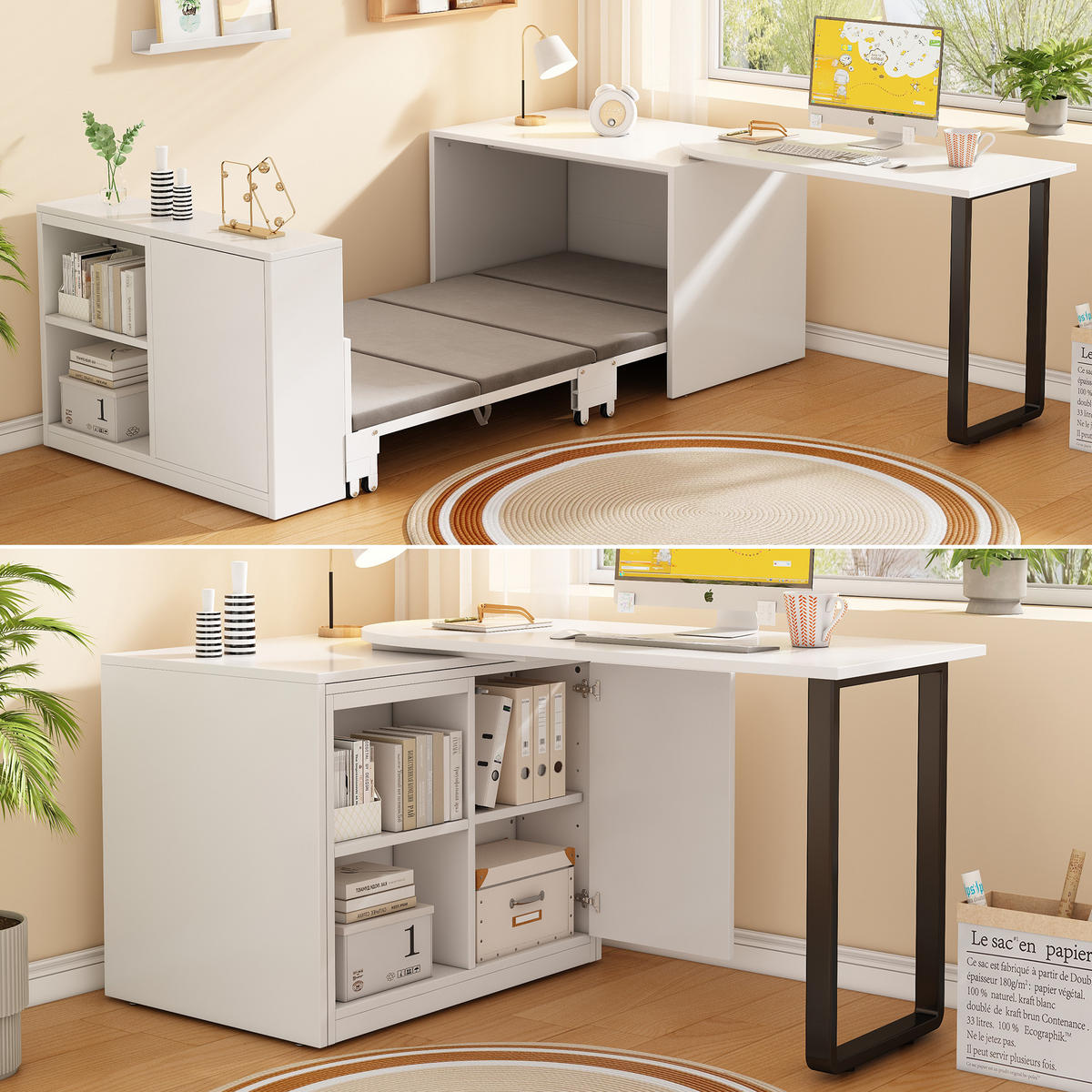 KLAPPBETT 90/200 cm DE-03465, 2-in-1 mit Schreibtisch, Schrank und Rollen, in Weiß - Weiß, Holzwerkstoff/Metall (90/200cm) - ComfortXL