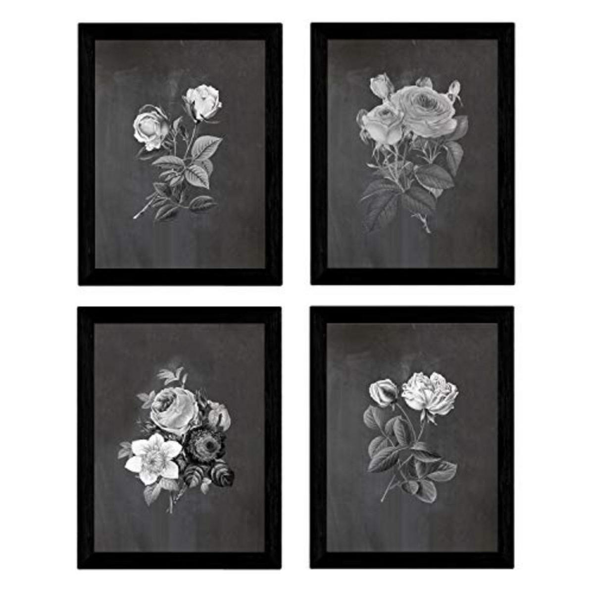 POSTER Set mit 4 Botanische Schwarz Hintergrund Rosen A3 Rahmenlos - Klar, Papier (29.7/3cm) - Nacnic
