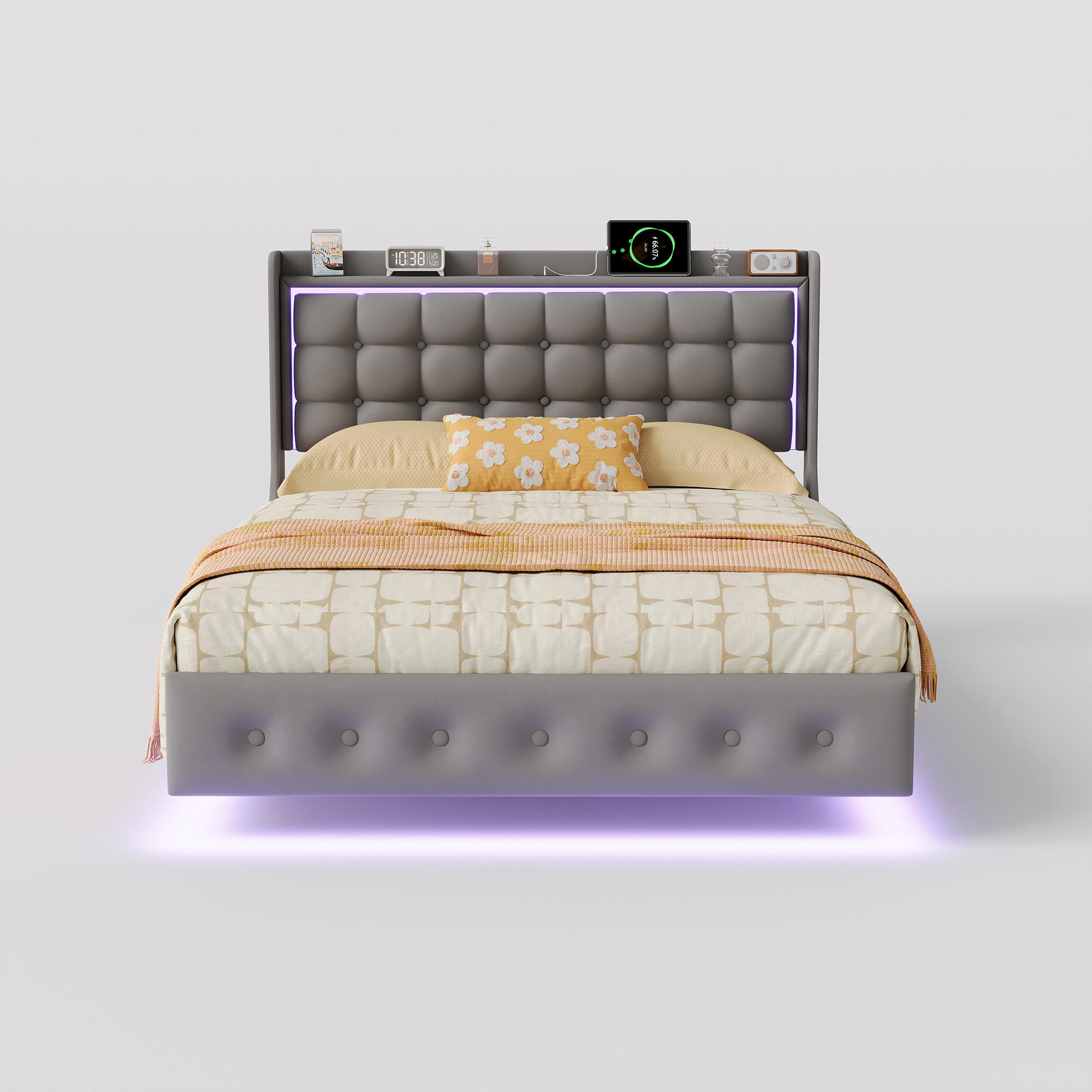 EuroLiving ČALÚNENÁ posteľ 160x200 cm, plávajúca posteľ s LED a USB, zamatová látka, sivá manželská posteľ s lamelovým roštom