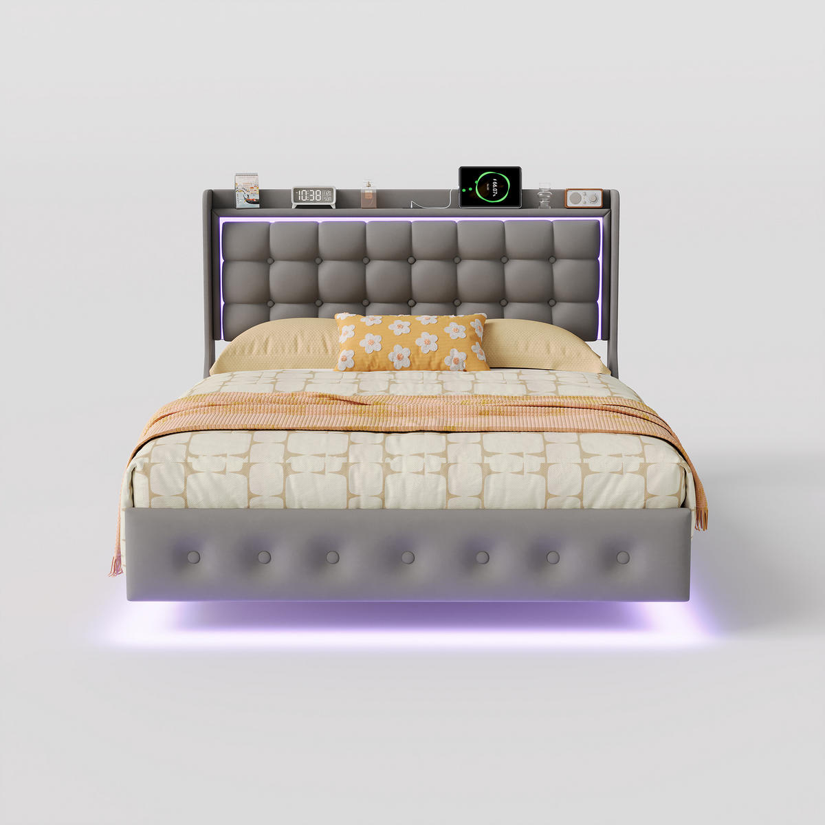 POLSTERBETT 140x200 cm Schwebebett mit LED & USB, Samtstoff Grau Doppelbett mit Lattenrost - Grau, Metall (140/200cm) - EuroLiving