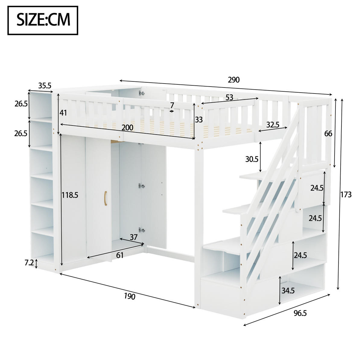 HOCHBETT 90/200 cm Weiß mit Regalen und Stauschrank aus Holz - Weiß, Holzwerkstoff (90/200cm) - OKWISH