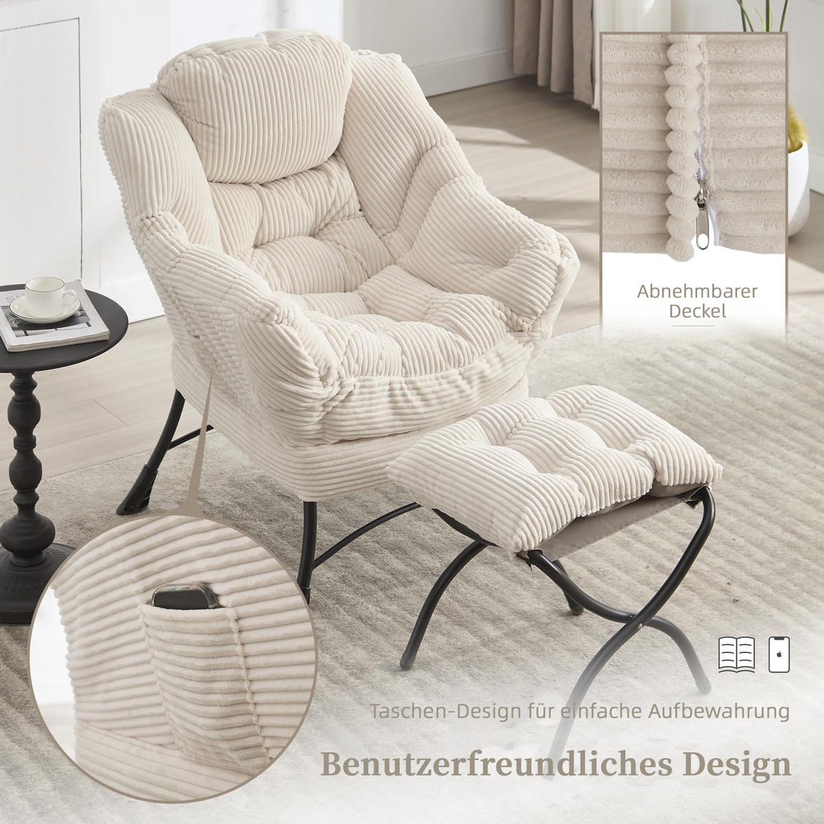 LOUNGESESSEL Relaxsessel mit Hocker,dicke Polsterung,Weiß - Weiß, Metall (70/95/64cm) - LVHOM
