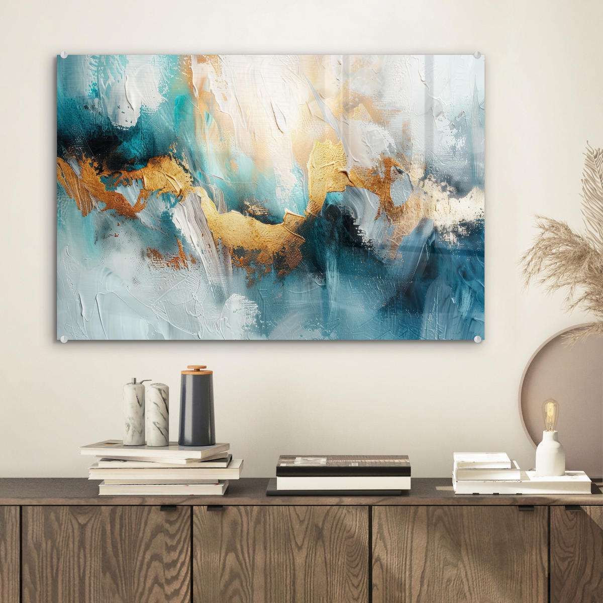 ACRYLGLASBILD Abstrakt - Kunst - Gold - Blau 60x40 cm - Petrol, Glas (60/40cm) - MuchoWow