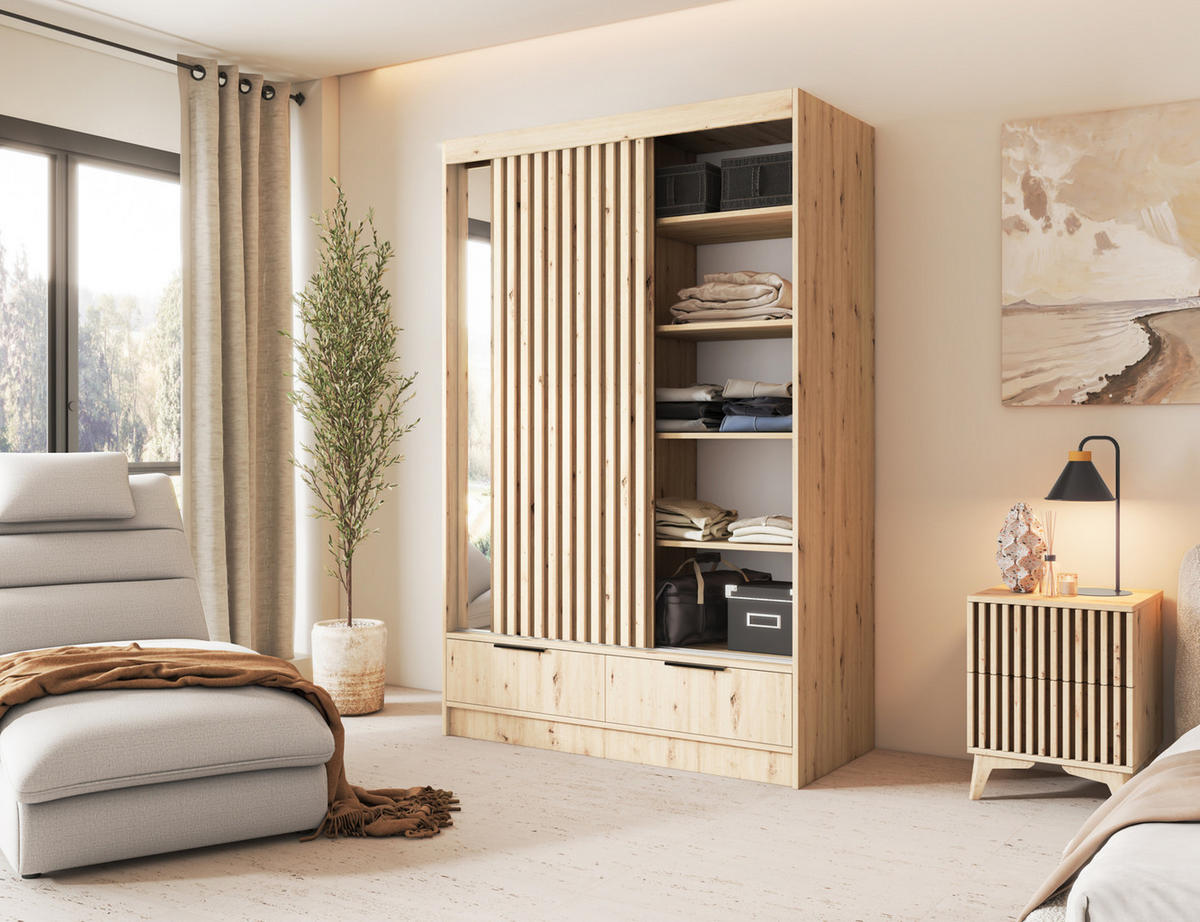 SCHIEBETÜRENSCHRANK - Schrank Yoga 120 mit Spiegel - Eiche Artisan - Schwarz/Eiche Artisan, Holzwerkstoff/Metall (120/204/60cm) - Möblo