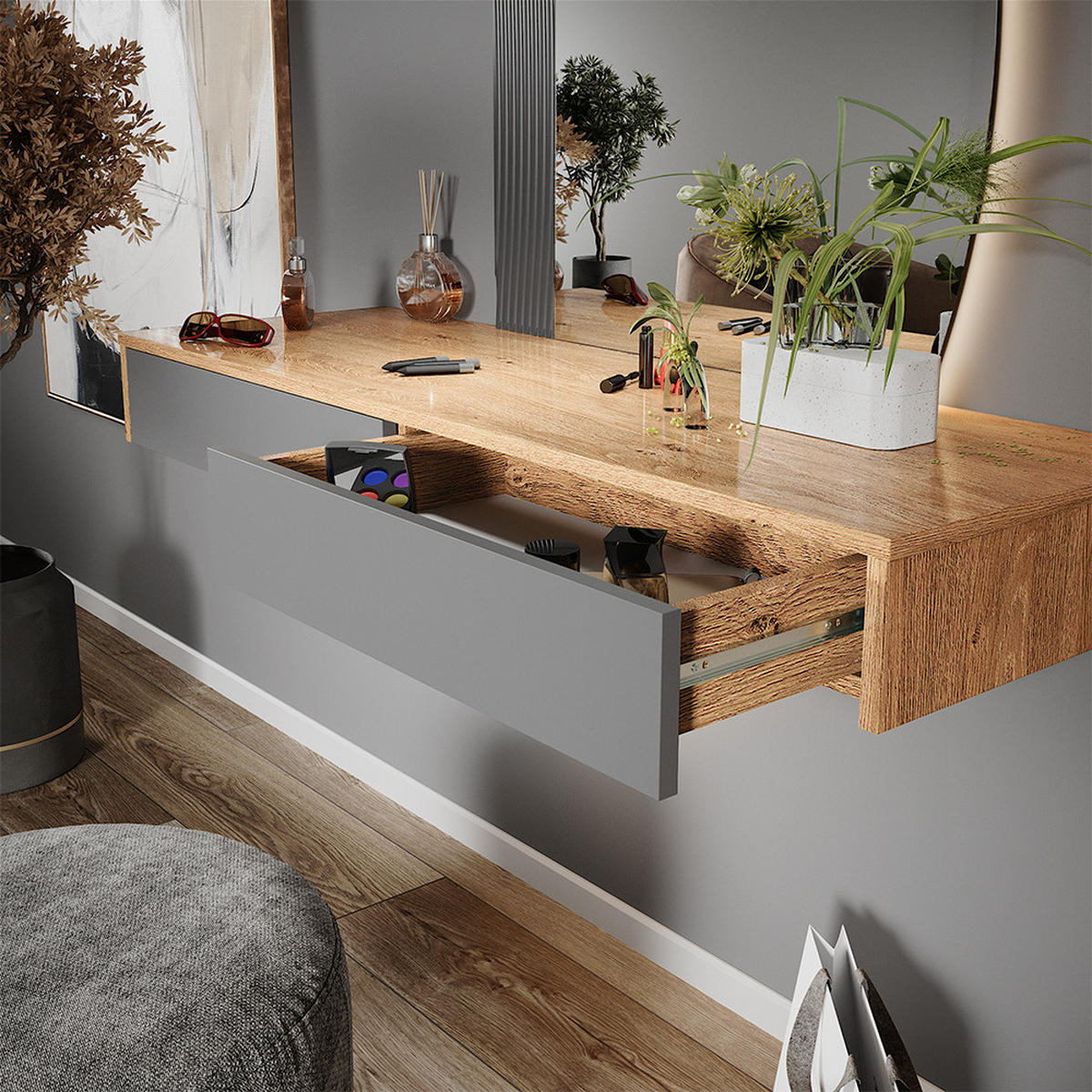SCHMINKTISCH Melisa Grau 120 cm mit 2 Schubladen - Eichefarben/Grau, Holzwerkstoff (120/161.1/40cm) - Vicco