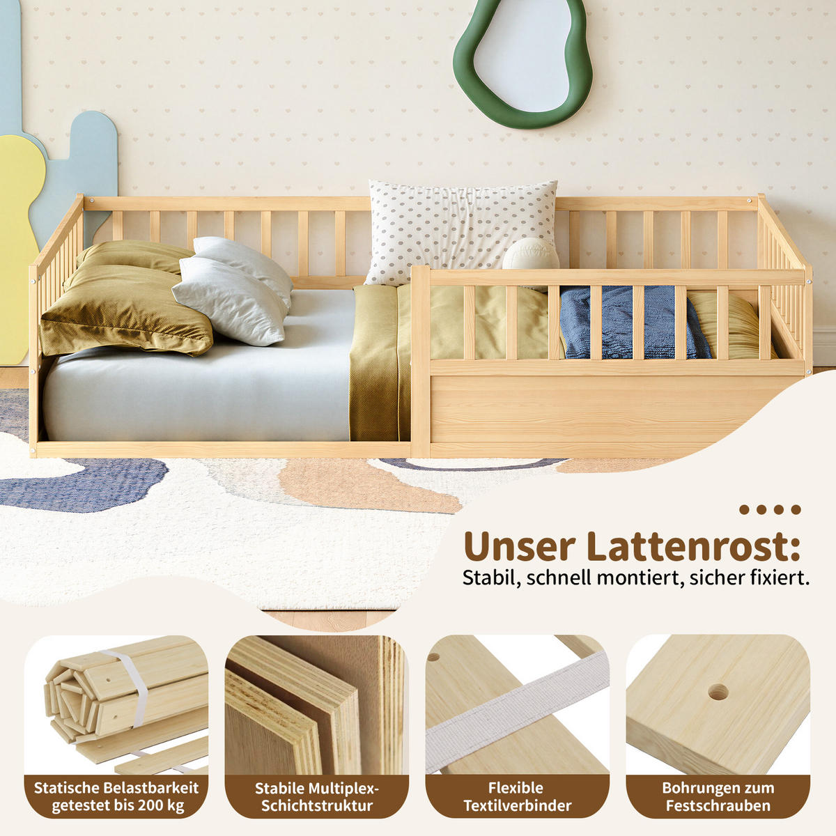 KINDERBETT 140/200 cm in Natur Massivholz mit Rausfallschutz und Lattenrost - Naturfarben, Holzwerkstoff/Metall (140/200cm) - WISHDOR