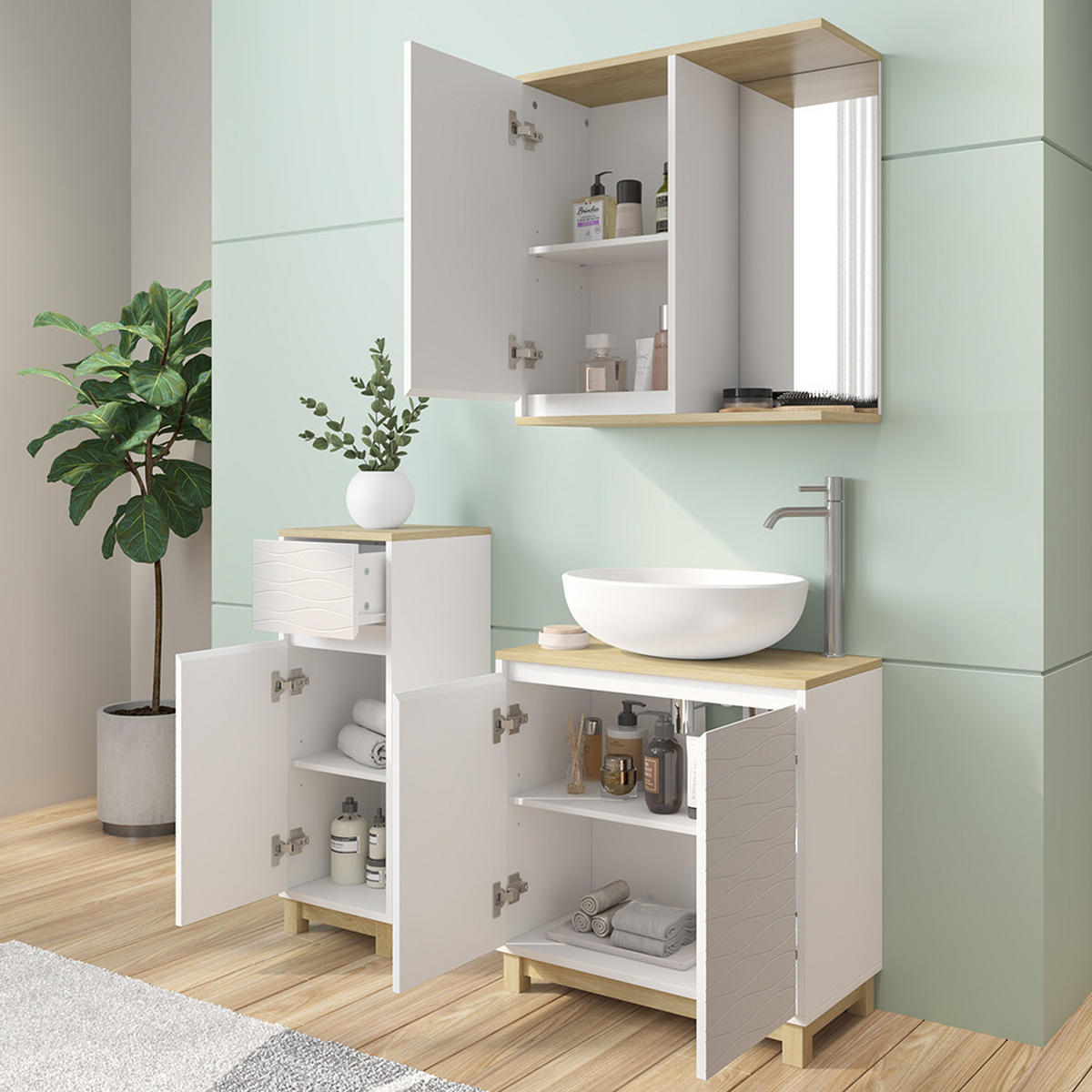 BADMÖBEL-SET Livia Weiß/Eiche 3 Teile, mit Midischrank - Eichefarben/Weiß, Holzwerkstoff (60/60/30cm) - Vicco