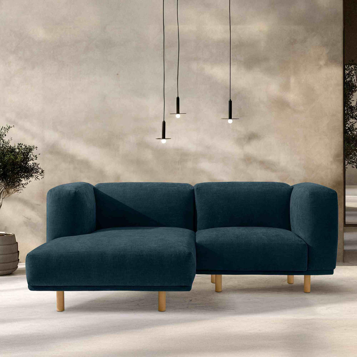 ECKSOFA-LINKS FOSERO, Chenille-Stoff - Buchefarben/Petrol, Holz/Holzwerkstoff (204/155cm) - KONSIMO®