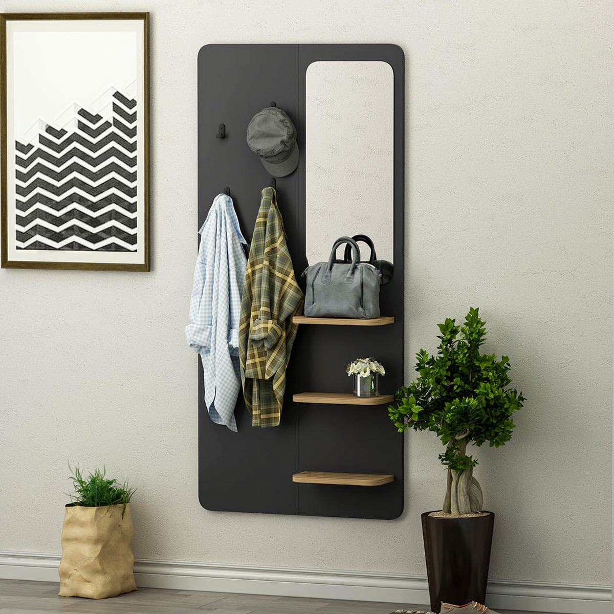 GARDEROBE Buket Anthrazit mit Spiegel 9253 - Anthrazit, Holzwerkstoff (70/150/15cm) - moebel17