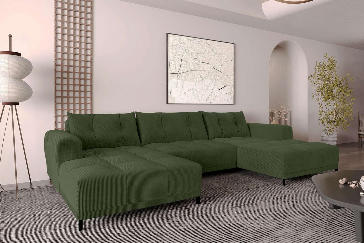WOHNLANDSCHAFT Massimo Cordstoff Olivgrün inkl. Schlaffunktion - Schwarz/Olivgrün, Textil/Metall (356/94/181cm) - 99rooms