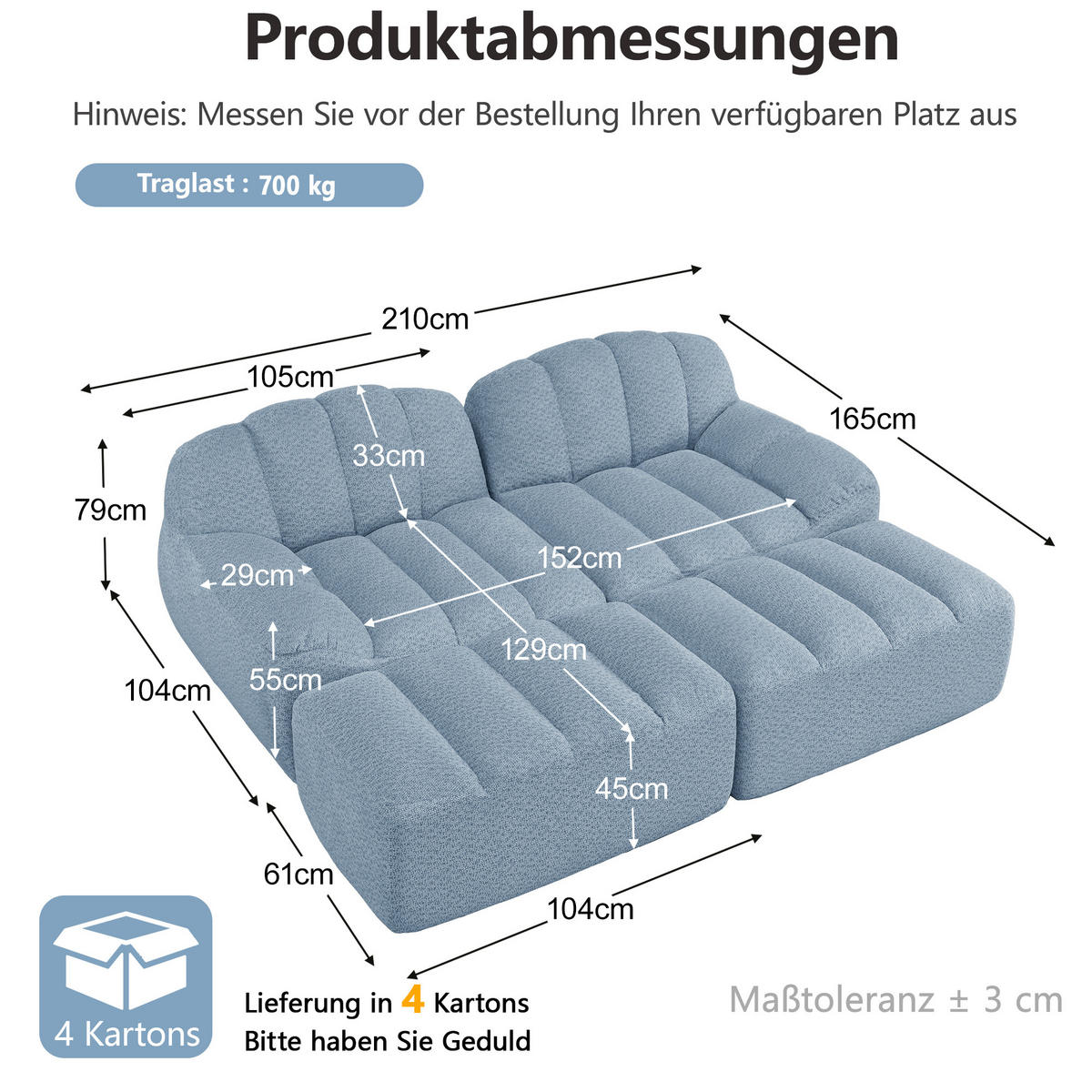 2-SITZER-SOFA DE-34312 mit 2 Ottomans Blau - Blau, Textil (165/79/210cm) - ComfortXL
