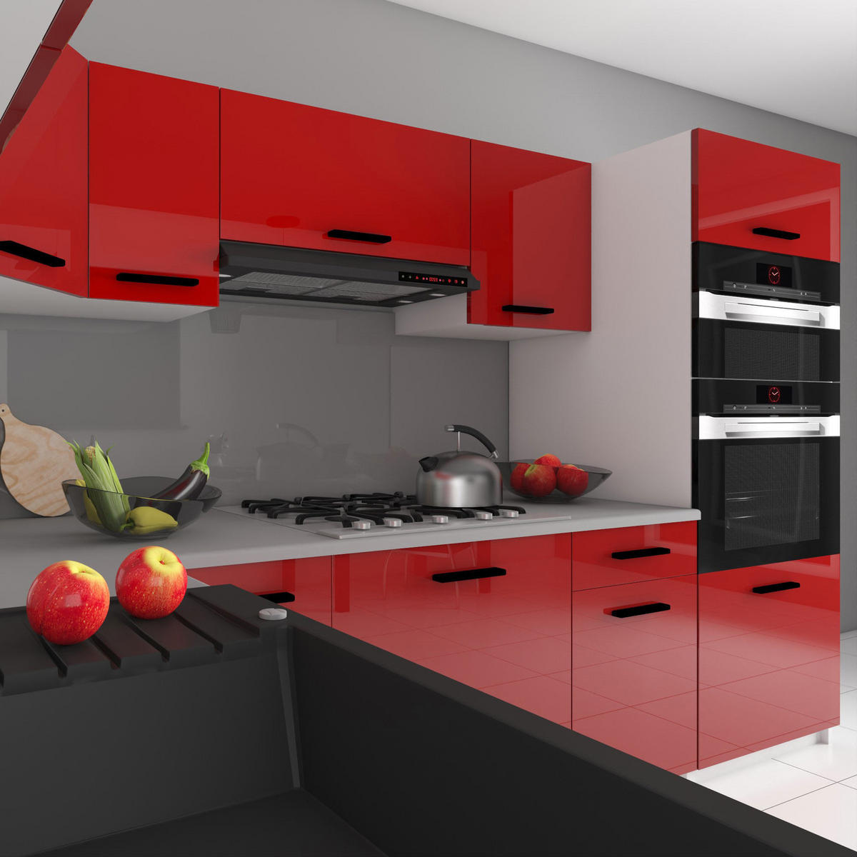 KÜCHENZEILE Italia 8 420 cm , mit Arbeitsplatten, Rot - Rot, Holz (420/143/60cm) - B BELINI GROUP