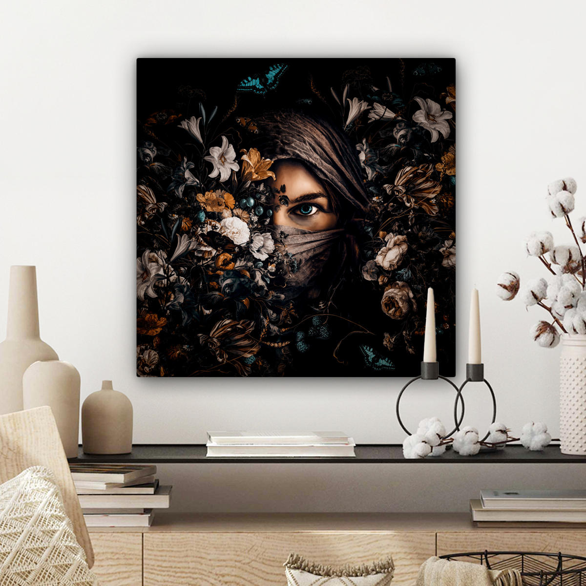 LEINWANDBILD Frau - Luxus - Blumen - Schmetterling - Porträt Wandbild Wohnzimmer 50x50 cm - Schwarz, Textil (50/50cm) - MuchoWow