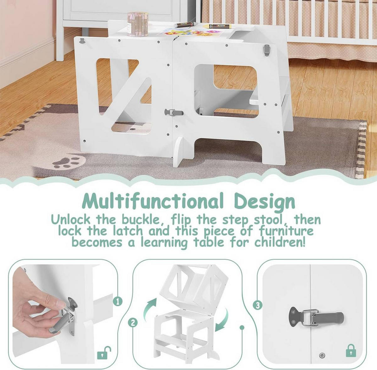 LERNTURM 3 in 1, mit Rausfallschutz, Weiß - Weiß, Holzwerkstoff (45/86.5/35cm) - Woltu