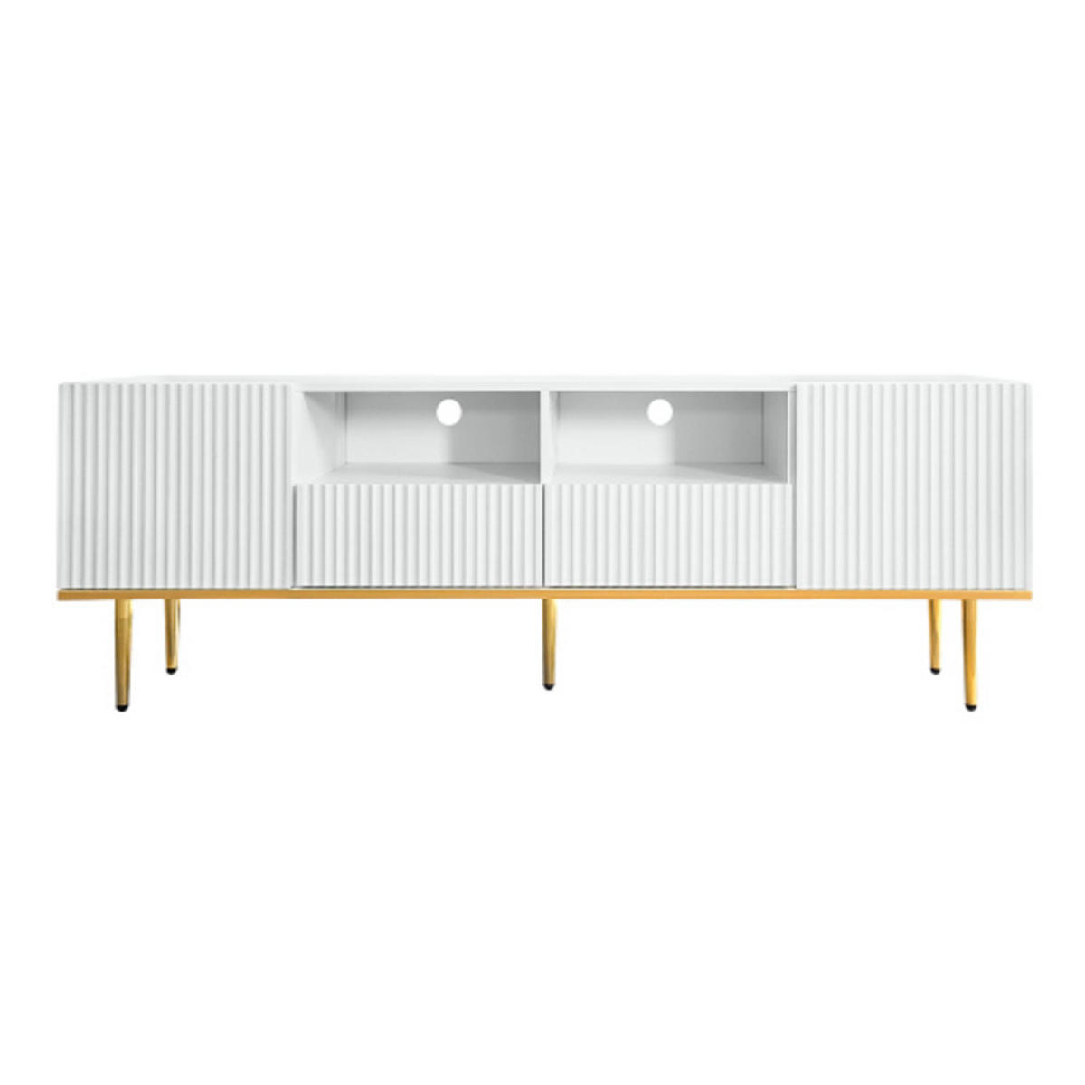LOWBOARD Weiß-gold aus Spanplatte mit streifendekorierten Push-Open Türen 165×36×55 cm - Weiß, Holzwerkstoff (165/55/36cm) - Luhomfu