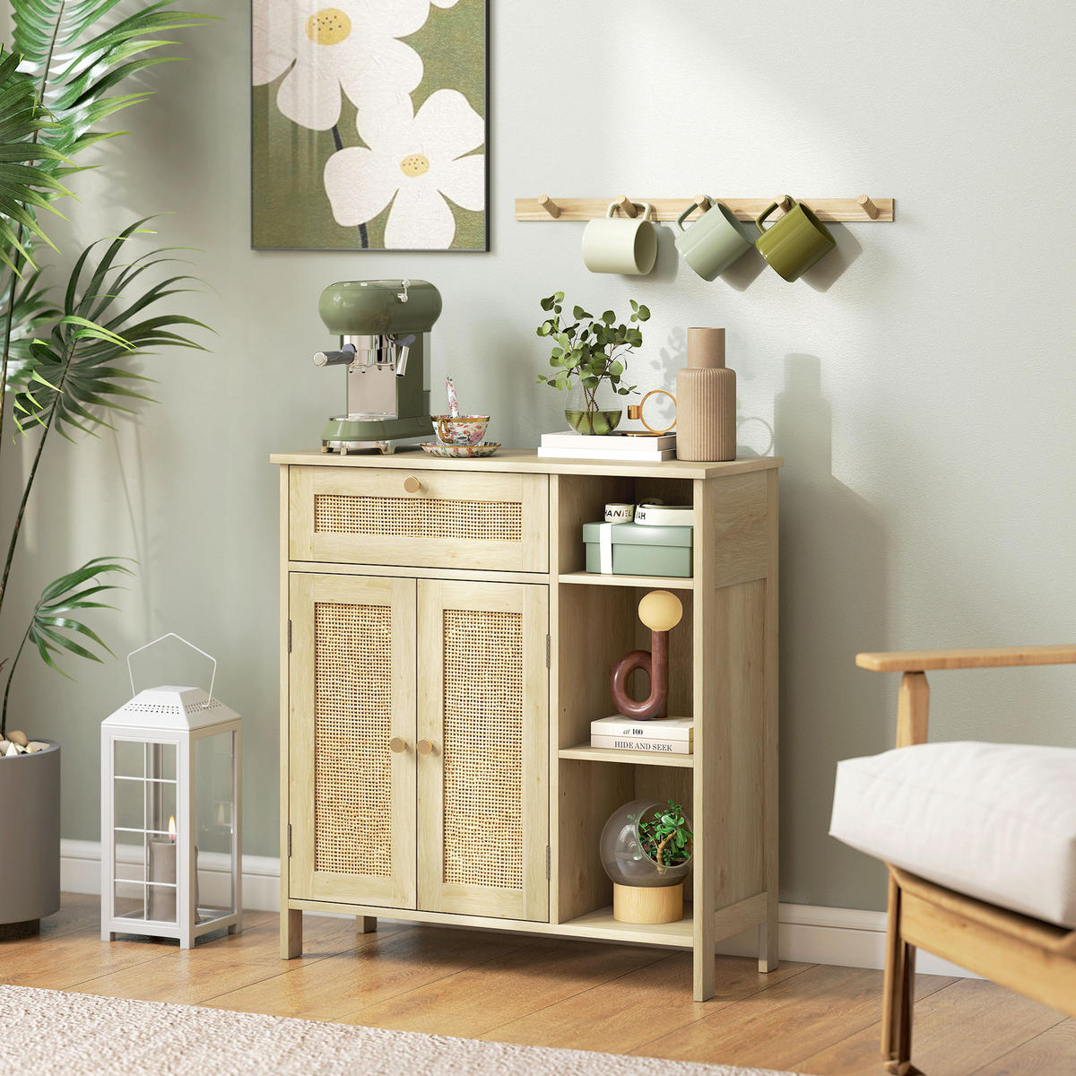 SIDEBOARD DE-11221 2 Rotintüren, Schublade Naturholz - Naturfarben, Holzwerkstoff (75/79.5/30cm) - ComfortXL