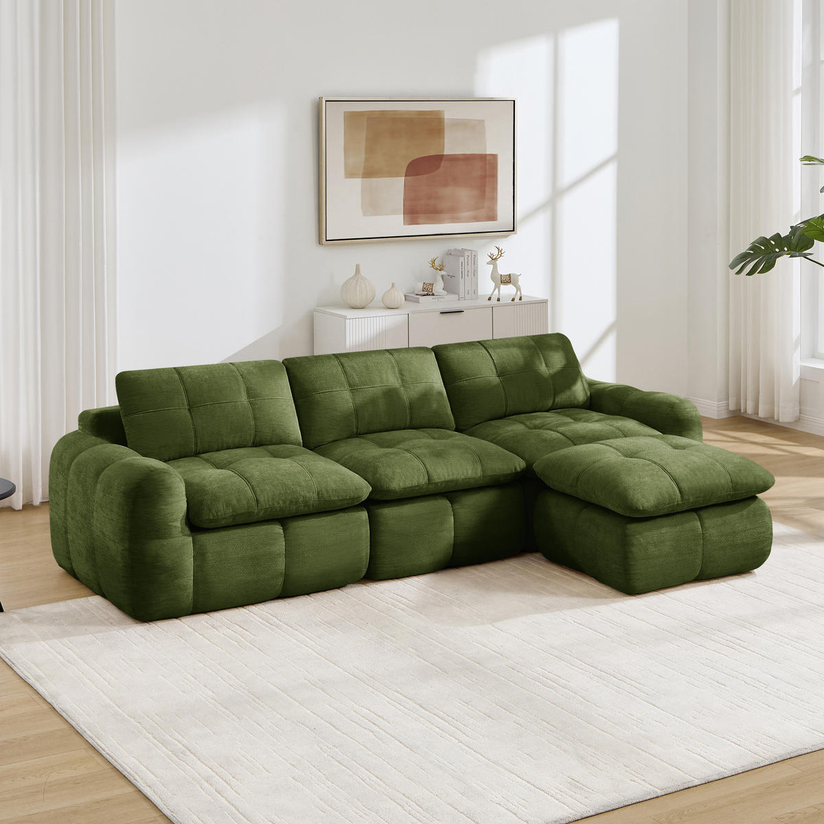 ECKSOFA DE-34464 L-Form mit Ottoman und Chenille-Bezug Grün - Grün, Textil (160/264cm) - ComfortXL
