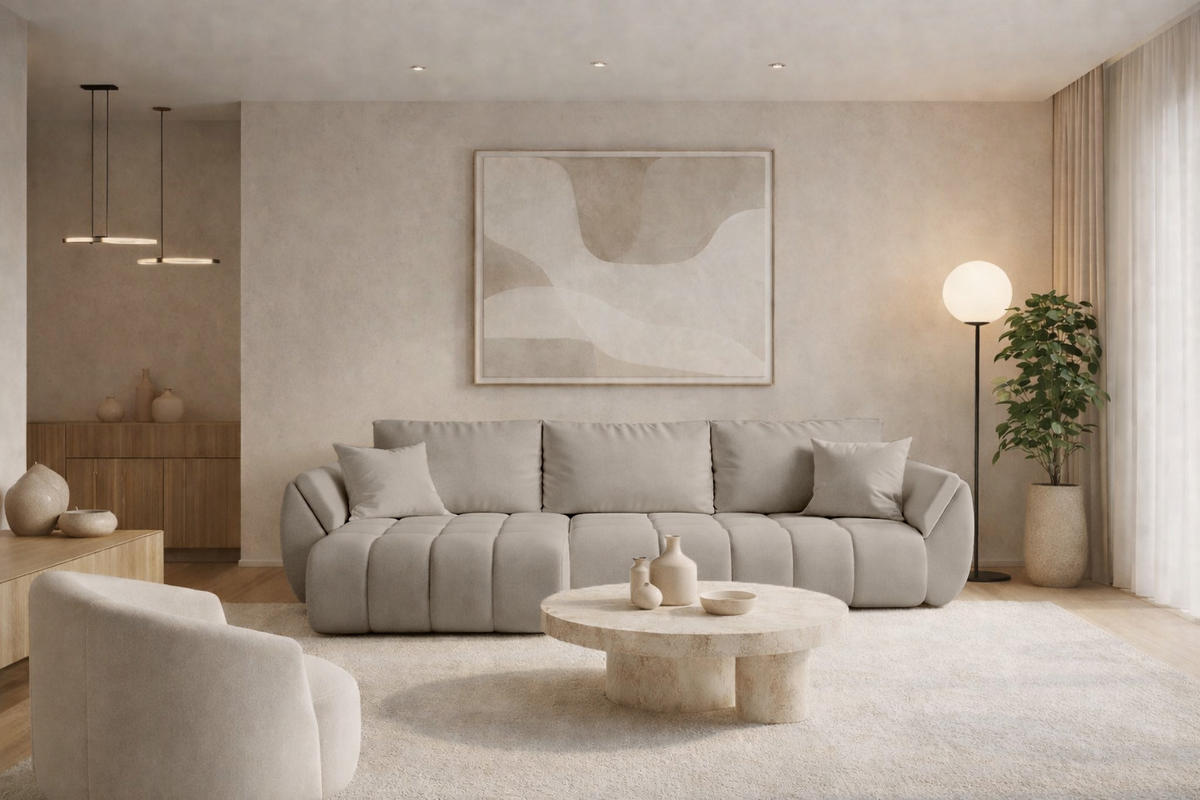 ECKSOFA TOKYO PREMIUM mit Schlaffunktion, Stoff WIND, Sandgrau, Links - Grau, Holz (280/190cm) - Kaiser Möbel