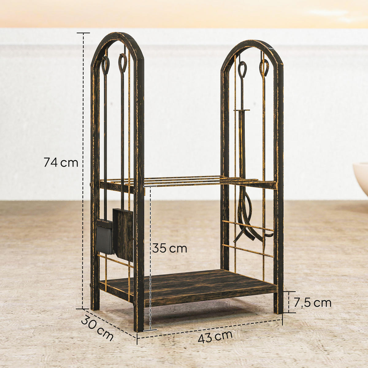 KAMINHOLZREGAL für innen 43 x 30 x 74cm 2 Ebenen Brennholzregal mit 4 Haken - Dunkelbraun, Metall (30/74/43cm) - Outsunny