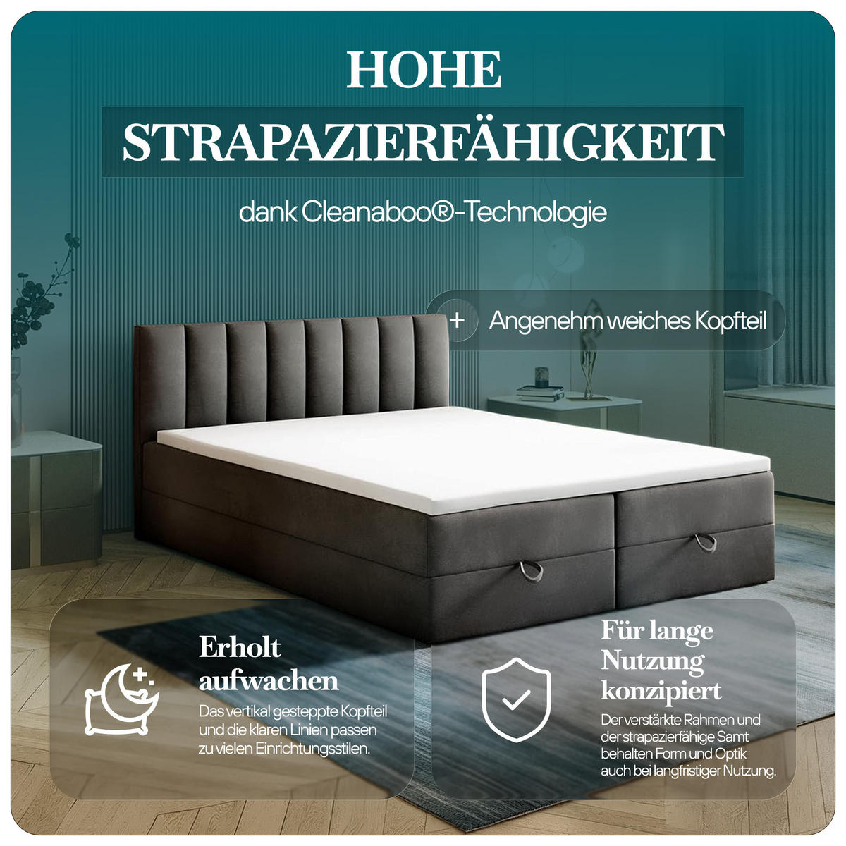 BOXBETT 200 x 200 cm mit Bonellmatratze H3, CITY, Elegant gestepptes Kopfteil und Topper 5cm, Bettkasten, Grau - Grau, Holzwerkstoff/Kunststoff (200/200cm) - Trada