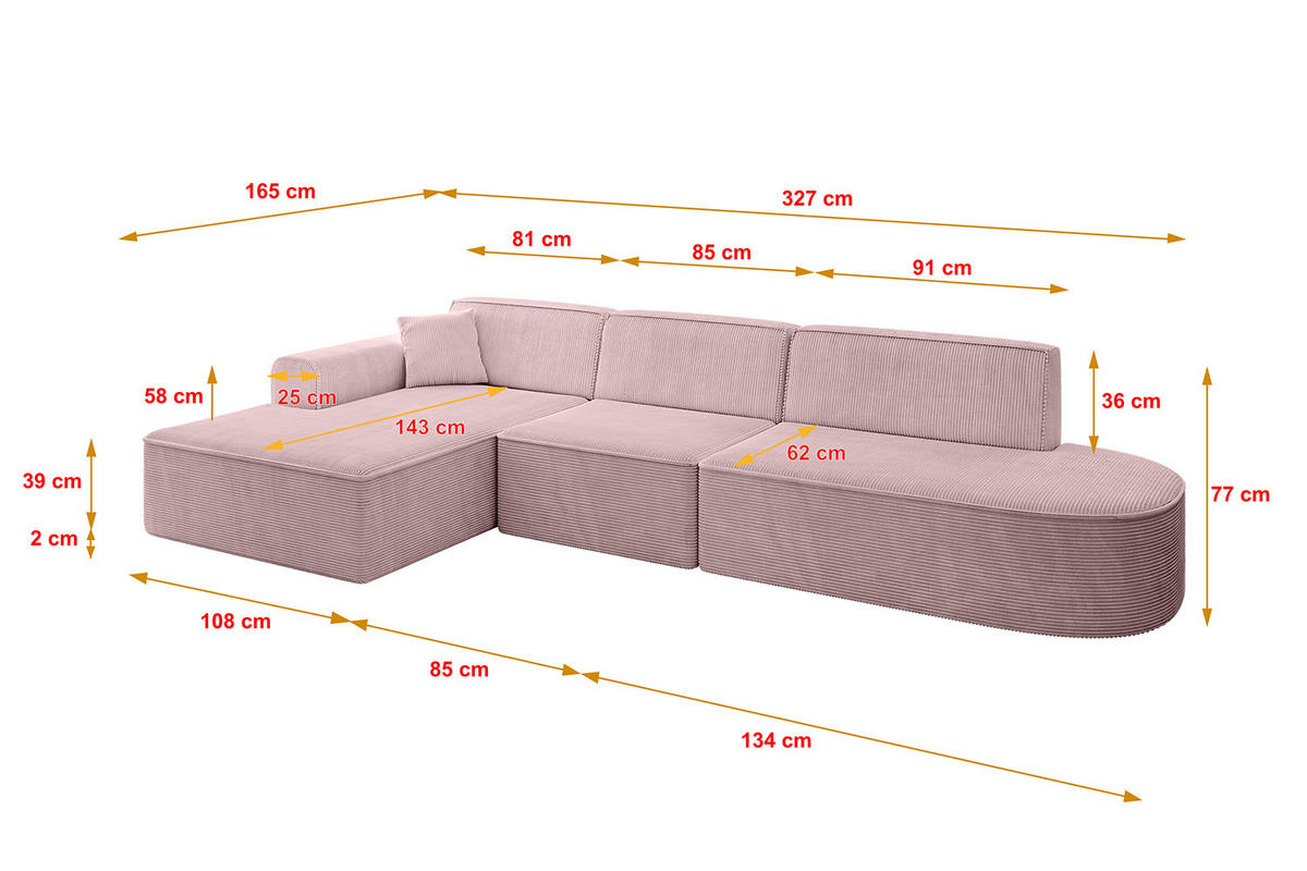 ECKSOFA Ottomane Links IREA-L2-v3 - 327x165x77 cm Rosa - Rosa, Holzwerkstoff/Textil (327/165cm) - ALTDECOR
