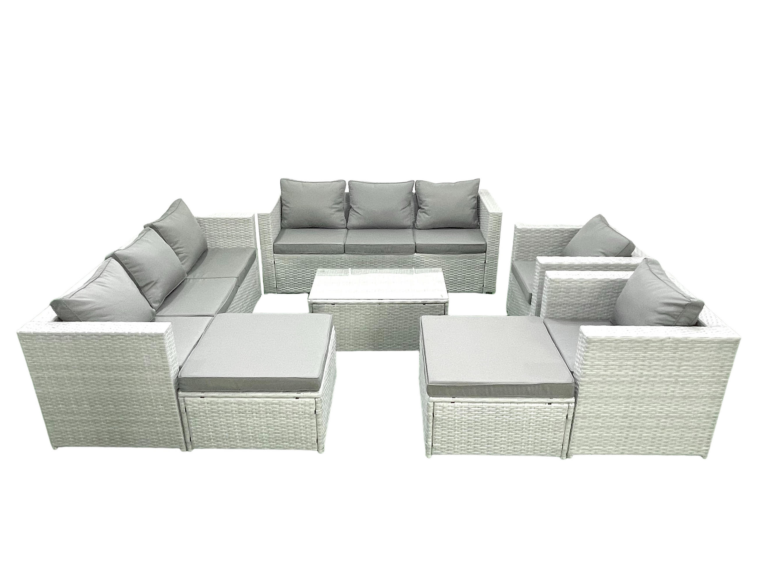 GARTENGARNITUR mit 3-SITZER SOFA,COUCHTISCH Polyrattan Hellgrau-Mix 10-Sitzer - Hellgrau/Grau, Glas/Kunststoff - Fimous
