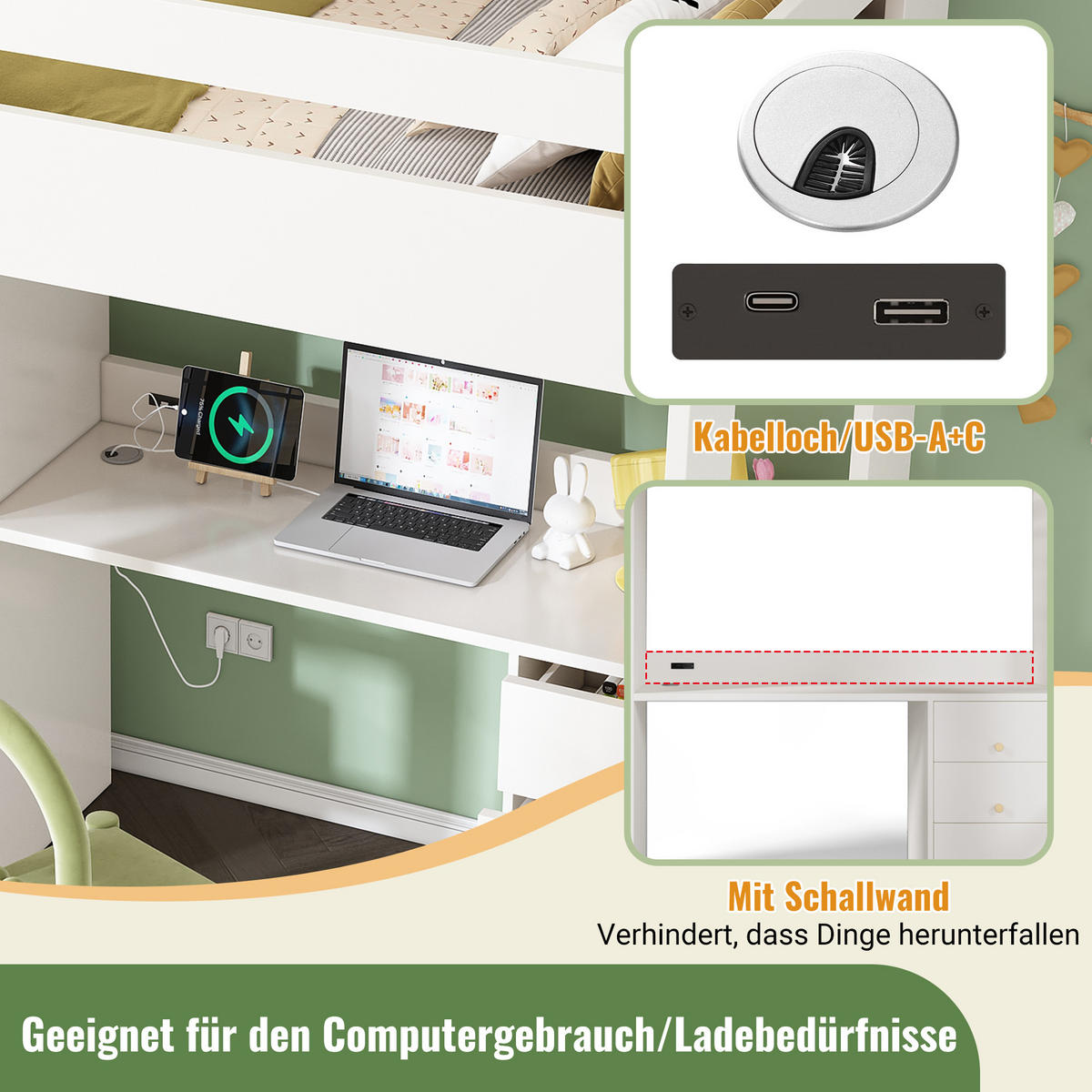 HOCHBETT 90/200 cm mit Schreibtisch, USB-/Type-C-Anschluss, Kleiderschrank und Stauraum, Weiß - Weiß, Holzwerkstoff (90/200cm) - Redom