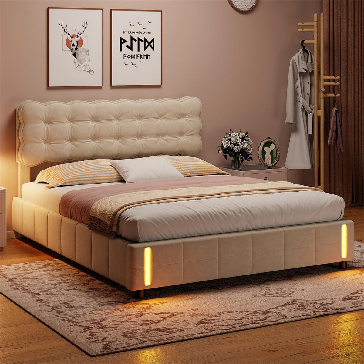 POLSTERBETT 140x200 cm - Doppelbett mit Stauraumfunktion und Bewegungsmelder-Bettendenleuchte - ohne Matratze - Beige - Beige, Textil (140/200cm) - DELFA