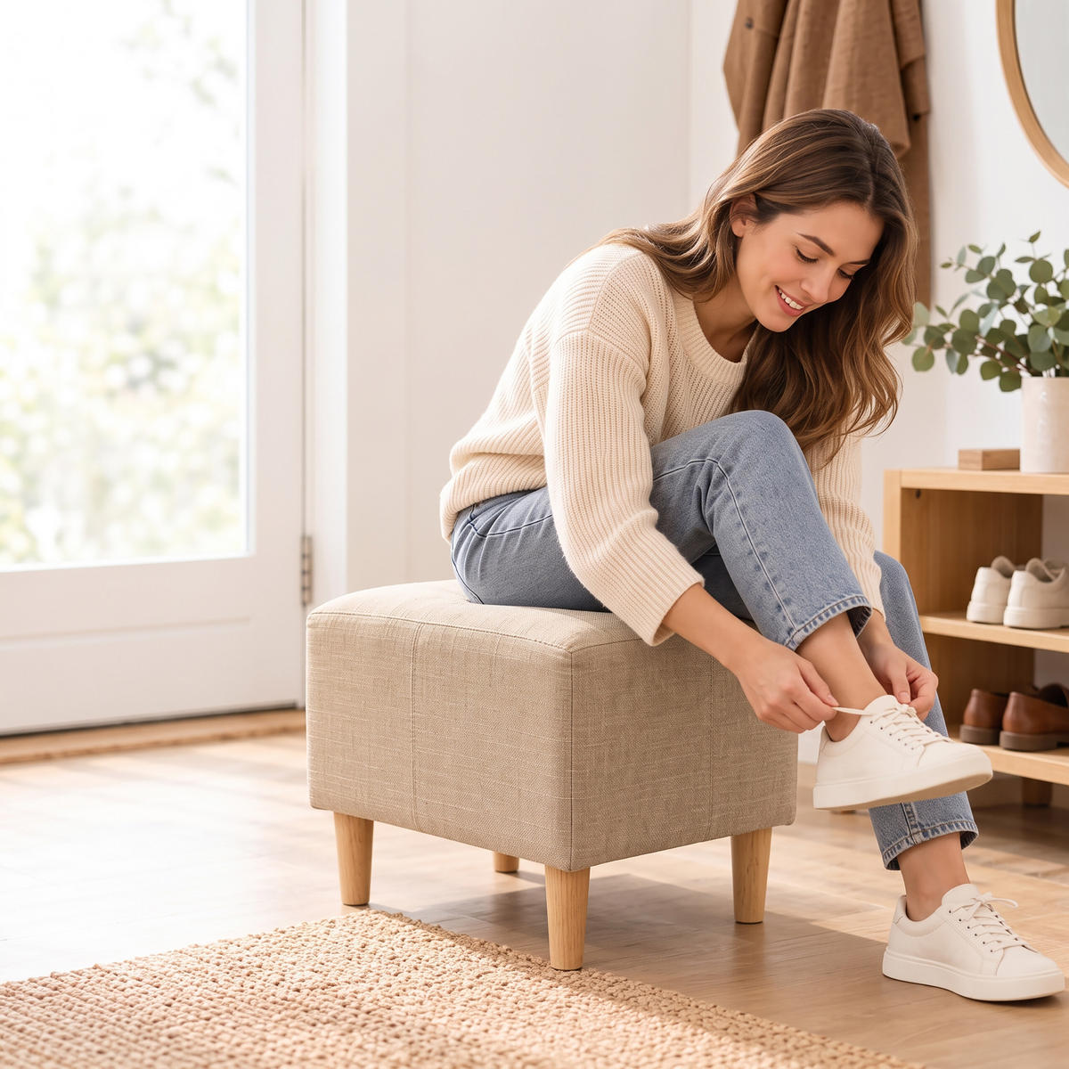 FUSSHOCKER Beige gepolstert Holzfüße - Beige, Holz/Textil (61/42/41cm) - Relaxdays