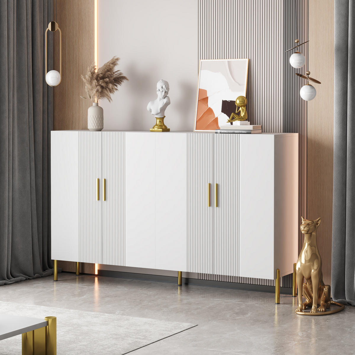 SIDEBOARD Weiß, 4 Türen mit Innenfächern, mit goldenen Griffen und Füßen, 160/40/100 cm - Weiß, Holzwerkstoff (160/100/36.5cm) - WISHDOR