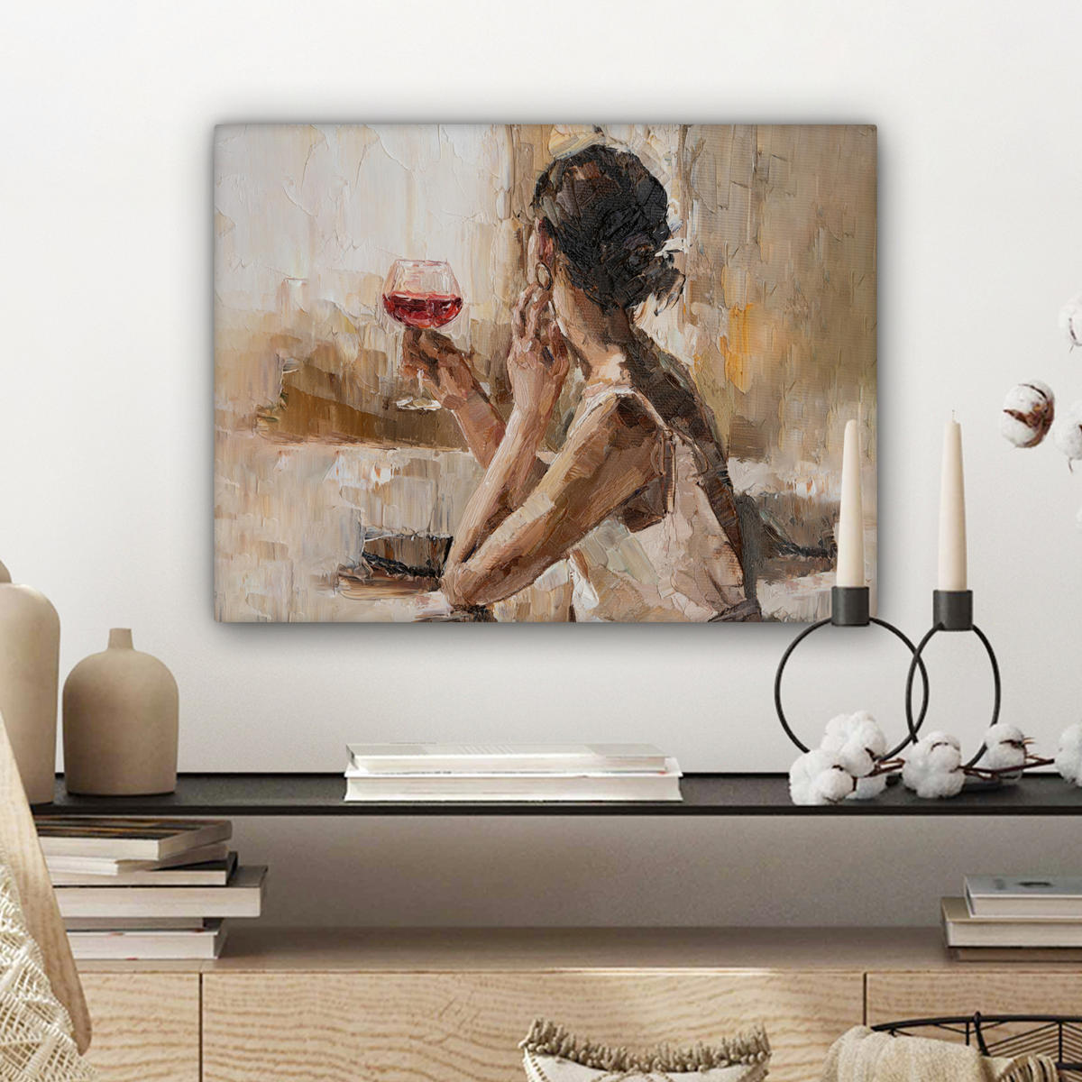 LEINWANDBILD Ölgemälde - Frau - Wein Wandbild 40x30 cm - Hellbraun, Textil (40/30cm) - MuchoWow