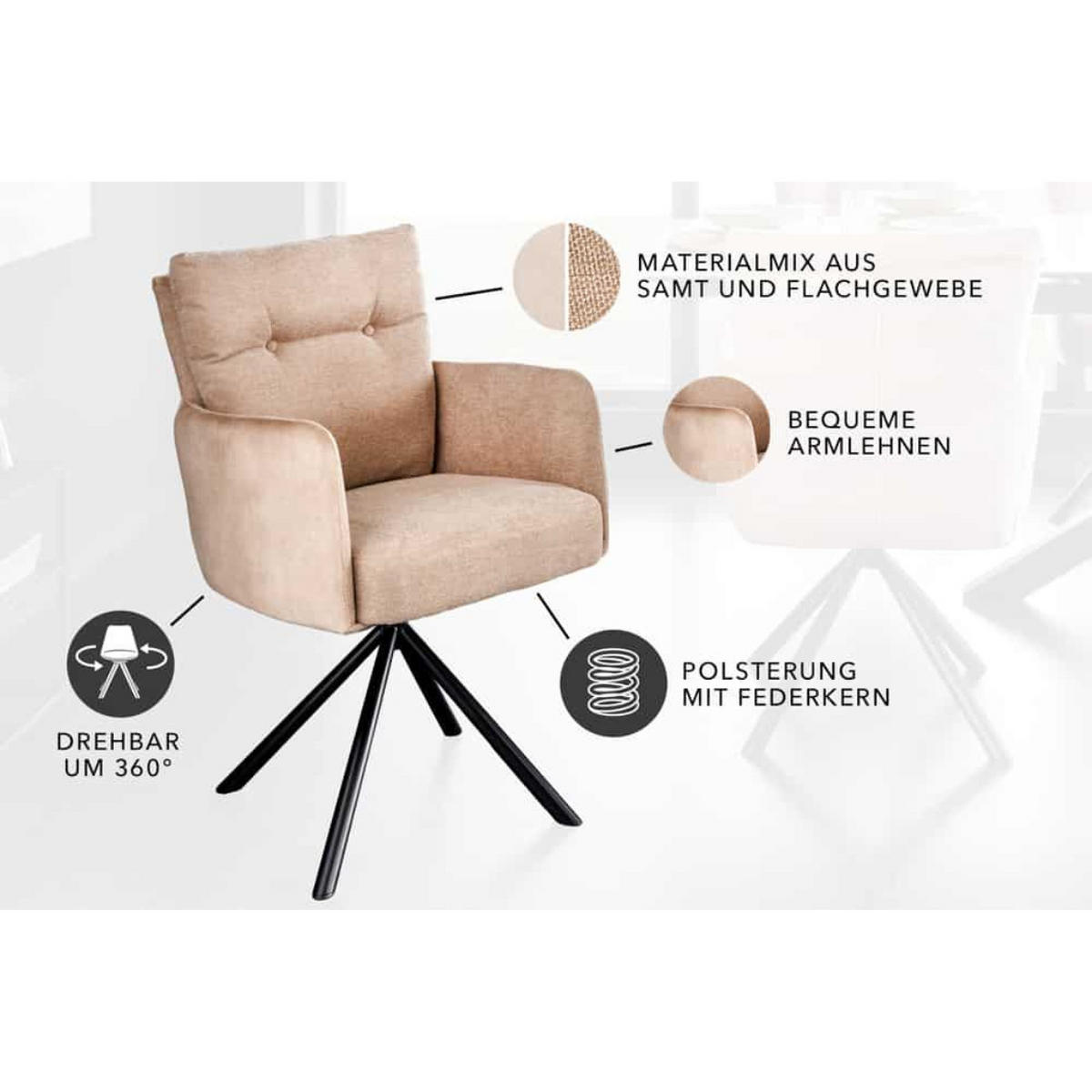 STUHL BIG GEORGE Samt Champagner, Beige - Champagner/Schwarz, Textil/Metall (58/90/68cm) - riess-ambiente
