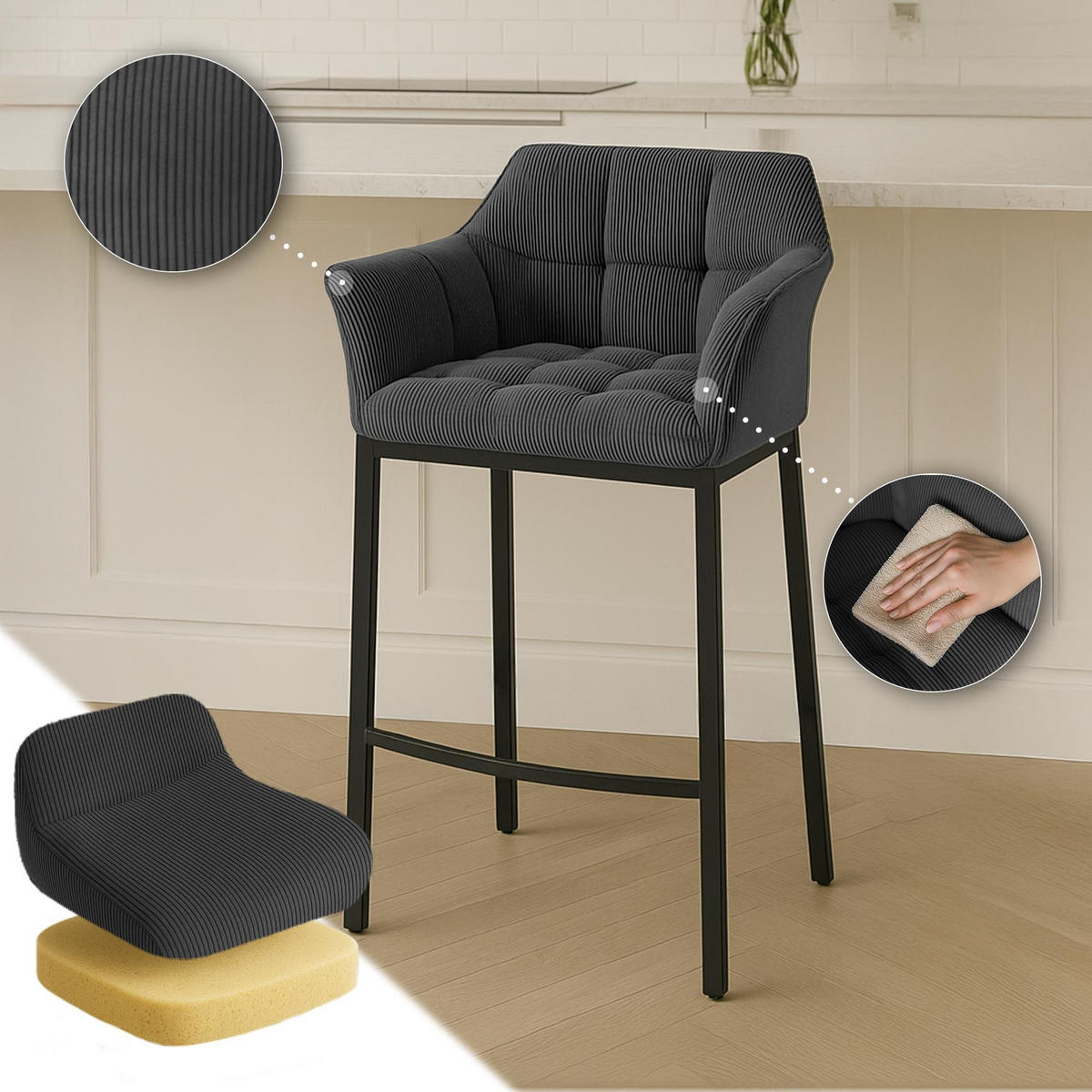 BARHOCKER Damaso Cordbezug 110x64x48 cm dunkelgrau - Dunkelgrau, Metall (64/110/48cm) - furnicato