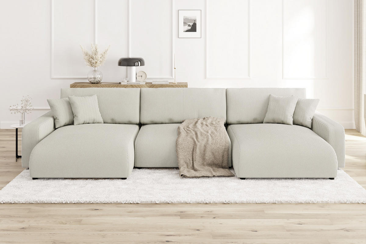 WOHNLANDSCHAFT Emma Beige Cord - Beige/Schwarz, Holz/Kunststoff (332/170cm) - S-Style Möbel