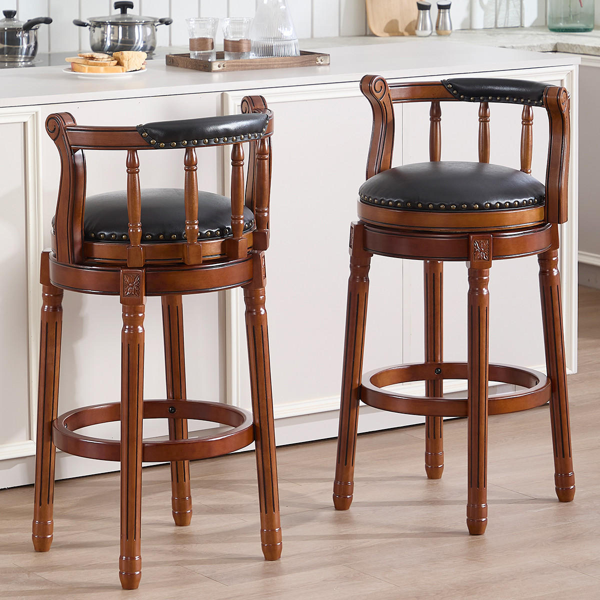 BARHOCKER 1er-Set Schwarz mit Echtleder und Rückenlehne - Schwarz, Holz (54.8/96/54.8cm) - PANGIVO