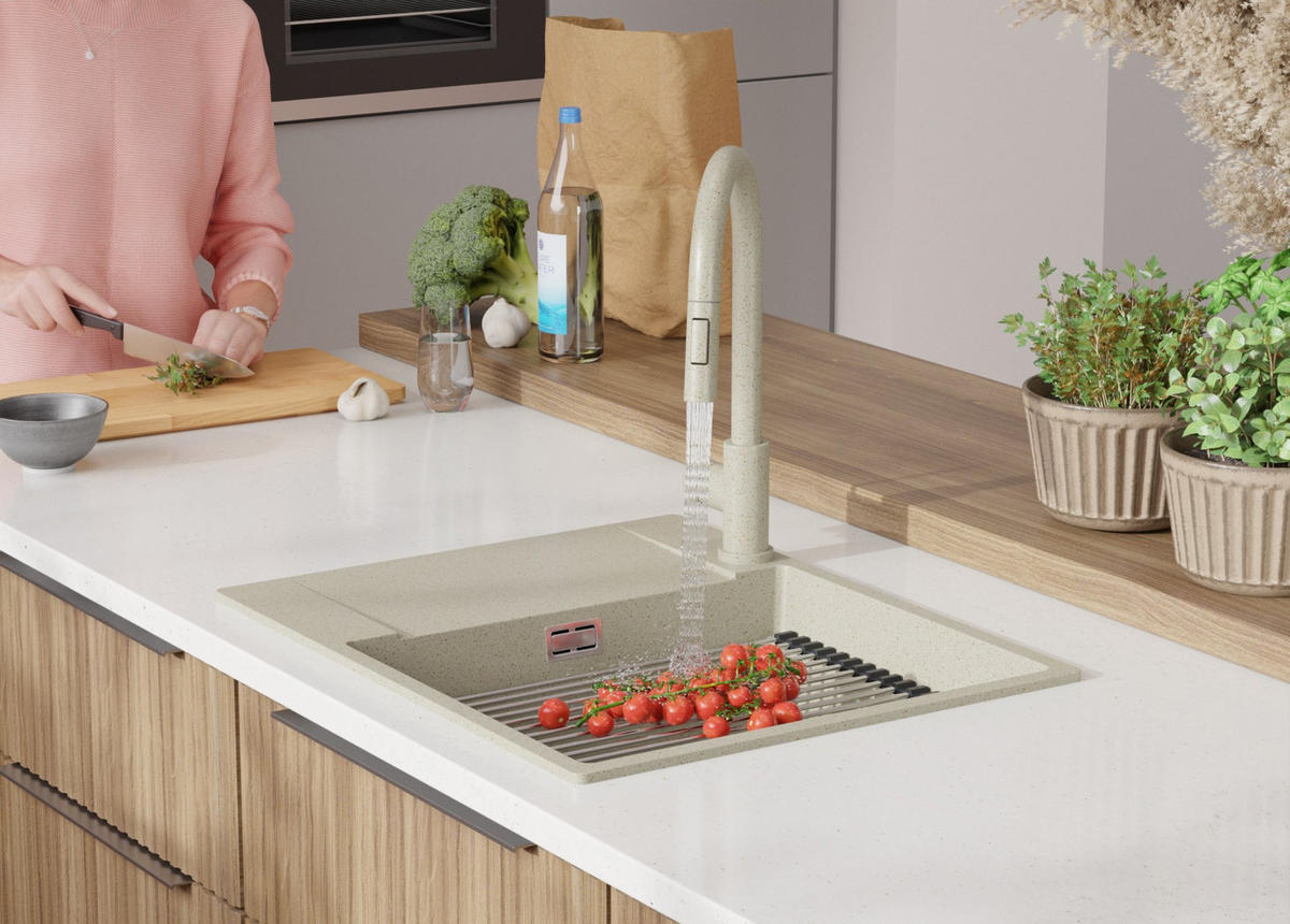 GRANITSPÜLE San Francisco, 2-er set Beige 62/50 cm 1 Becken + Küchenarmatur 38/14 cm + Ablauf-Set + Aufrollbare Abtropffläche ab 50er Unterschrank - Chromfarben/Beige, Kunststoff (62/20/50cm) - Primagran