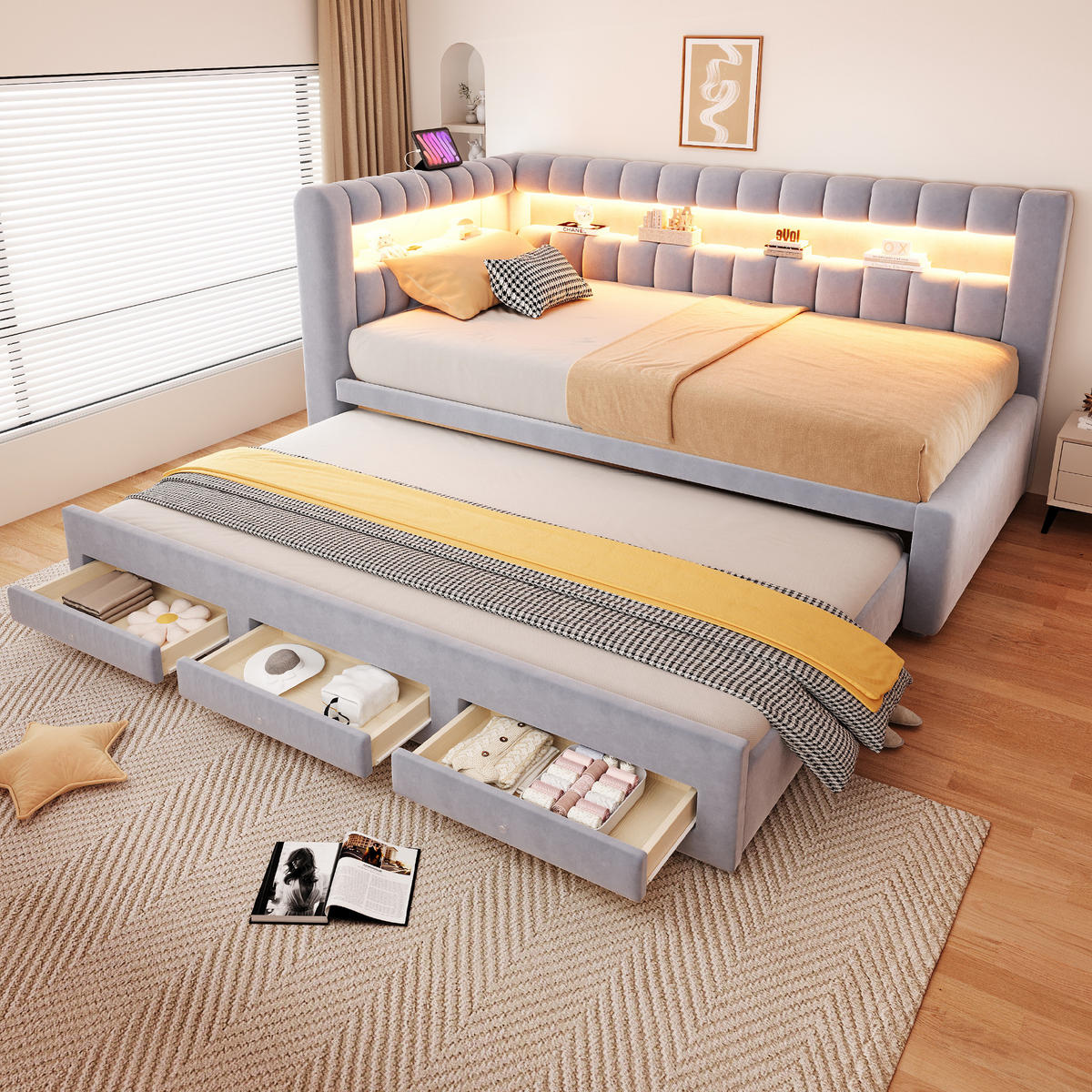 AUSZIEHBETT 90/190 cm mit LED und USB, DE-41714, in Hellgrau - Hellgrau, Holzwerkstoff (90/190cm) - ComfortXL
