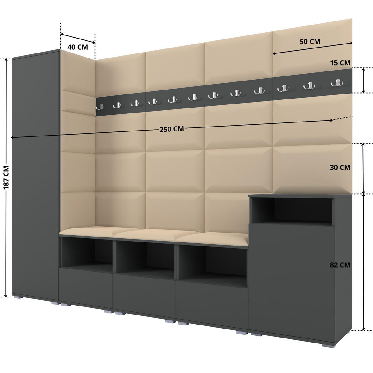 GARDEROBE NELA XI 250 cm (Modulare Flurmöbel Graphit mit Sitzpolster Beige 04 Großes Set) - Beige/Silberfarben, Holz/Holzwerkstoff (250/187/40cm) - Ravio