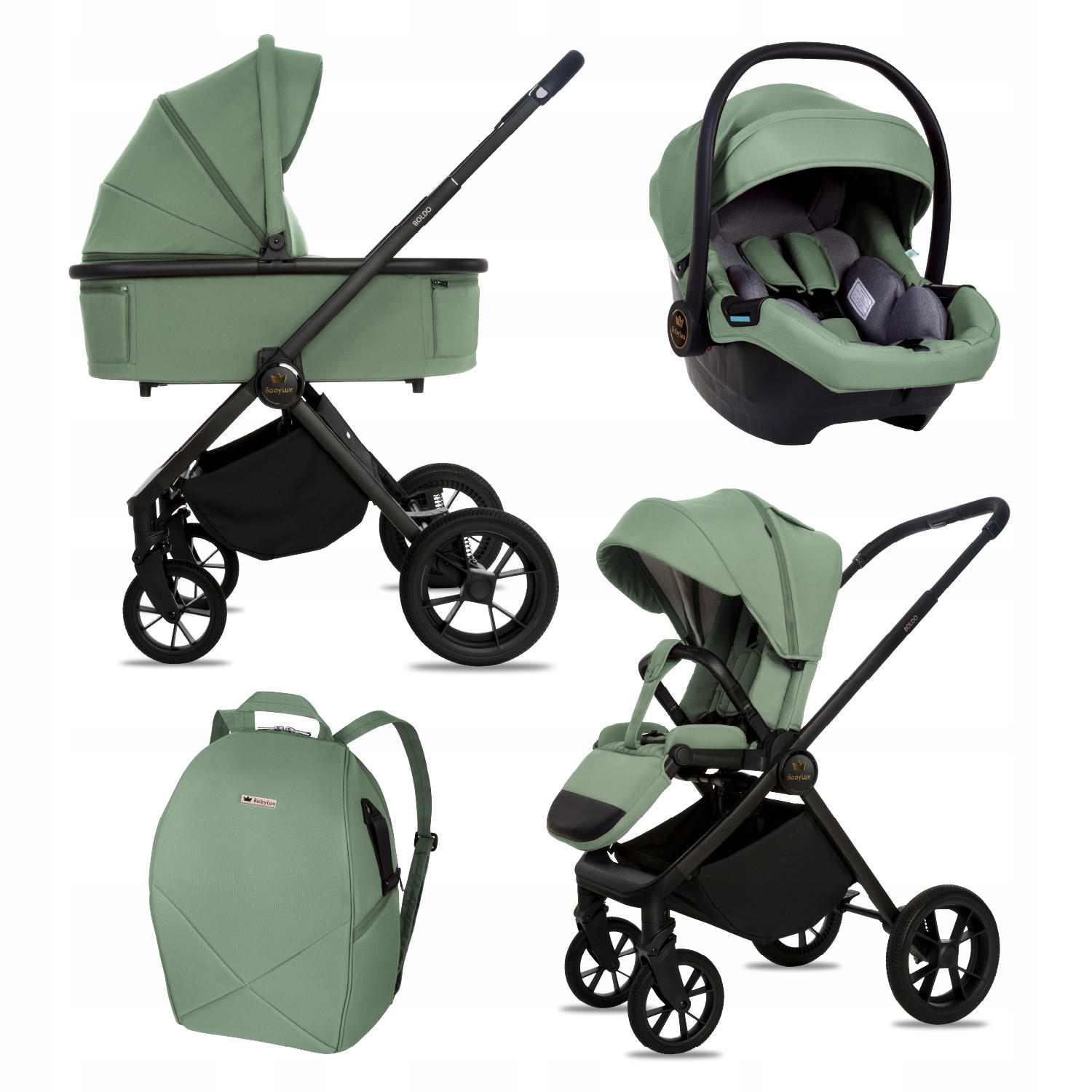 KINDERWAGEN Boldo 3in1 Grau Babywanne, Buggy Sportsitz, Babyschale I-Size - Schwarz/Grün, Textil/Metall (58/98cm) - BabyLux