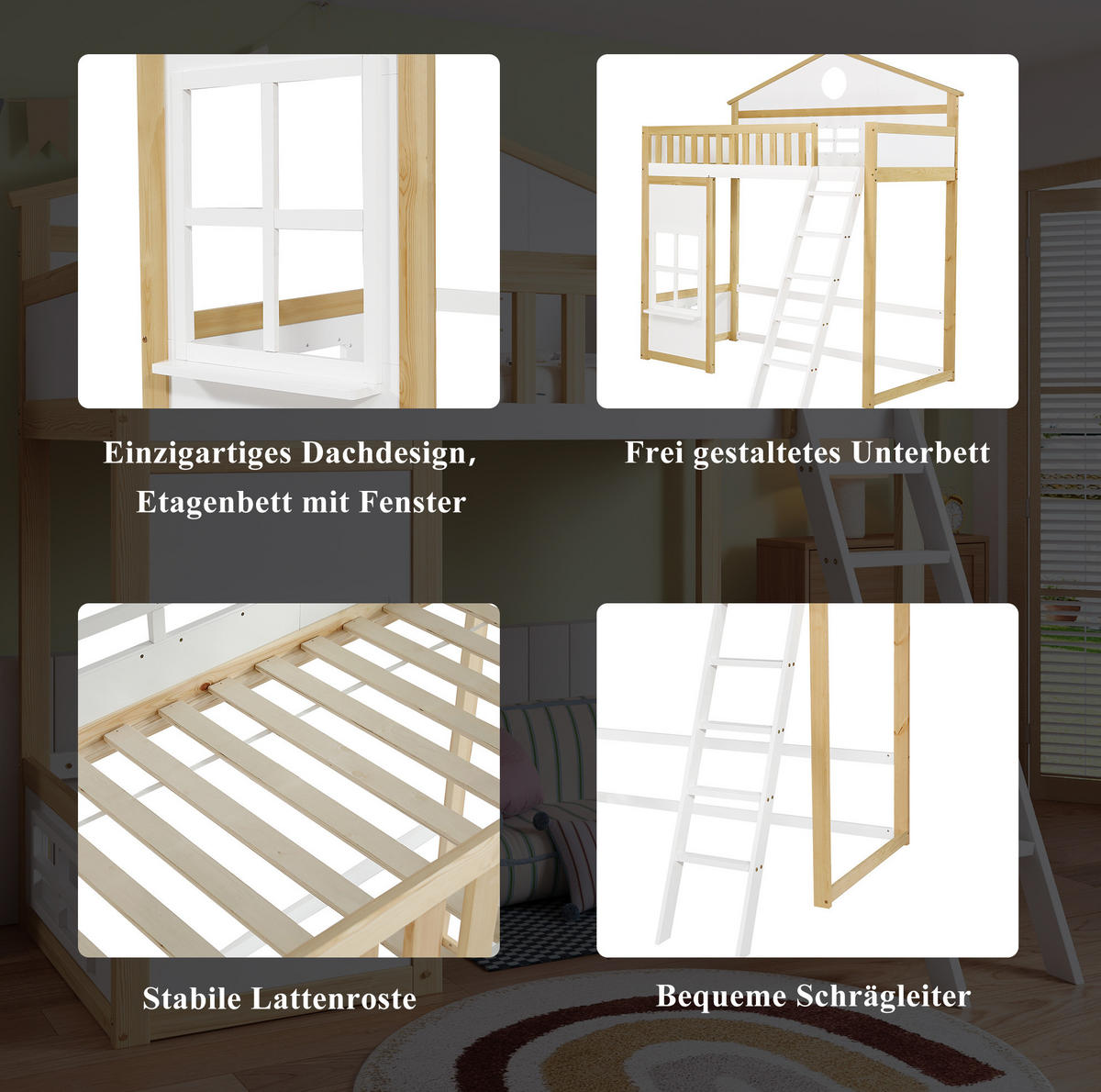 ETAGENBETT 90/200 cm Weiß Natur mit Treppe, Dach und Fenstern - Weiß, Holz (90/200cm) - MIVRAY
