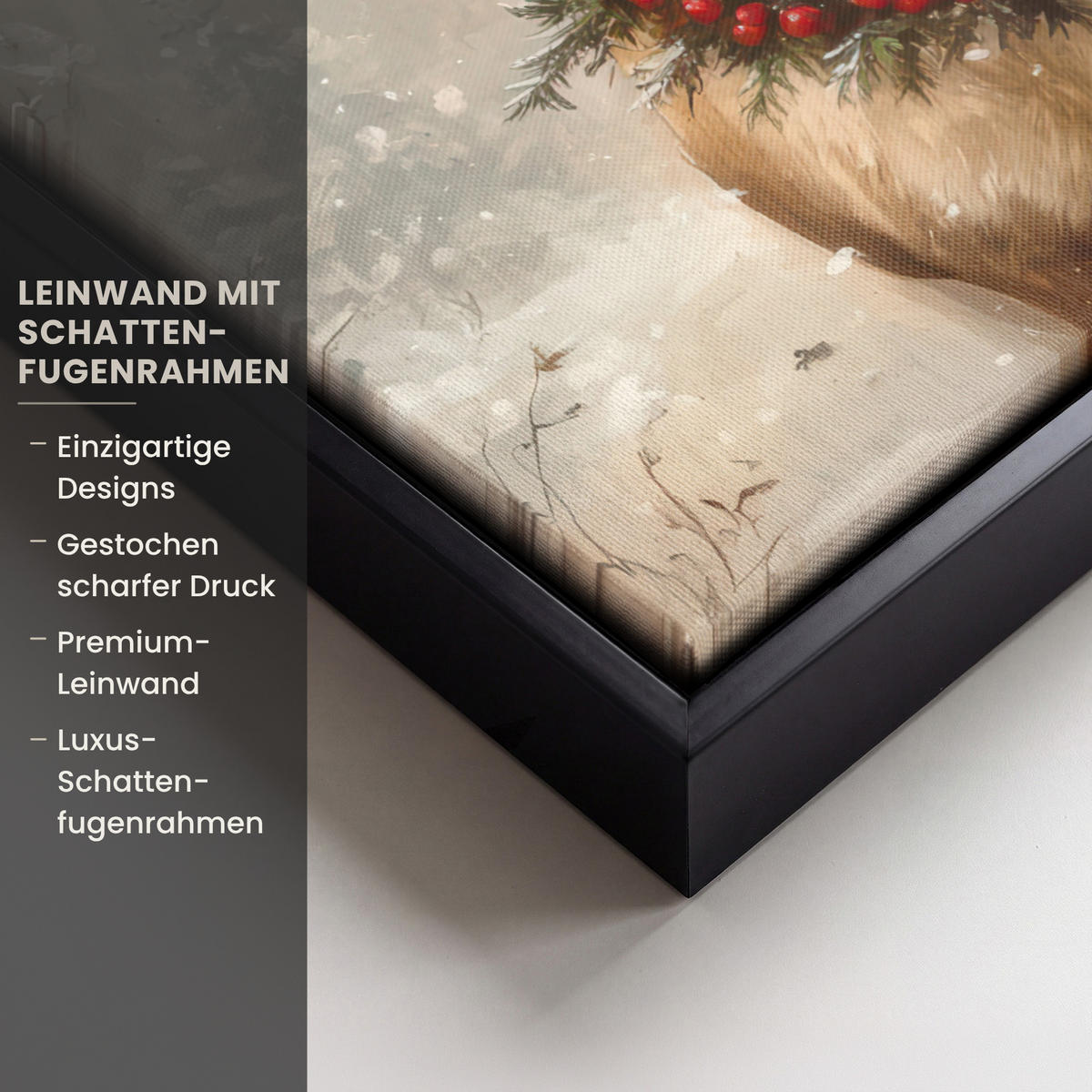 LEINWAND Bilder mit Rahmen - Weihnachten - Rentier - Winter - Kranz - 30x40 - Naturfarben, Textil (30/40cm) - MuchoWow